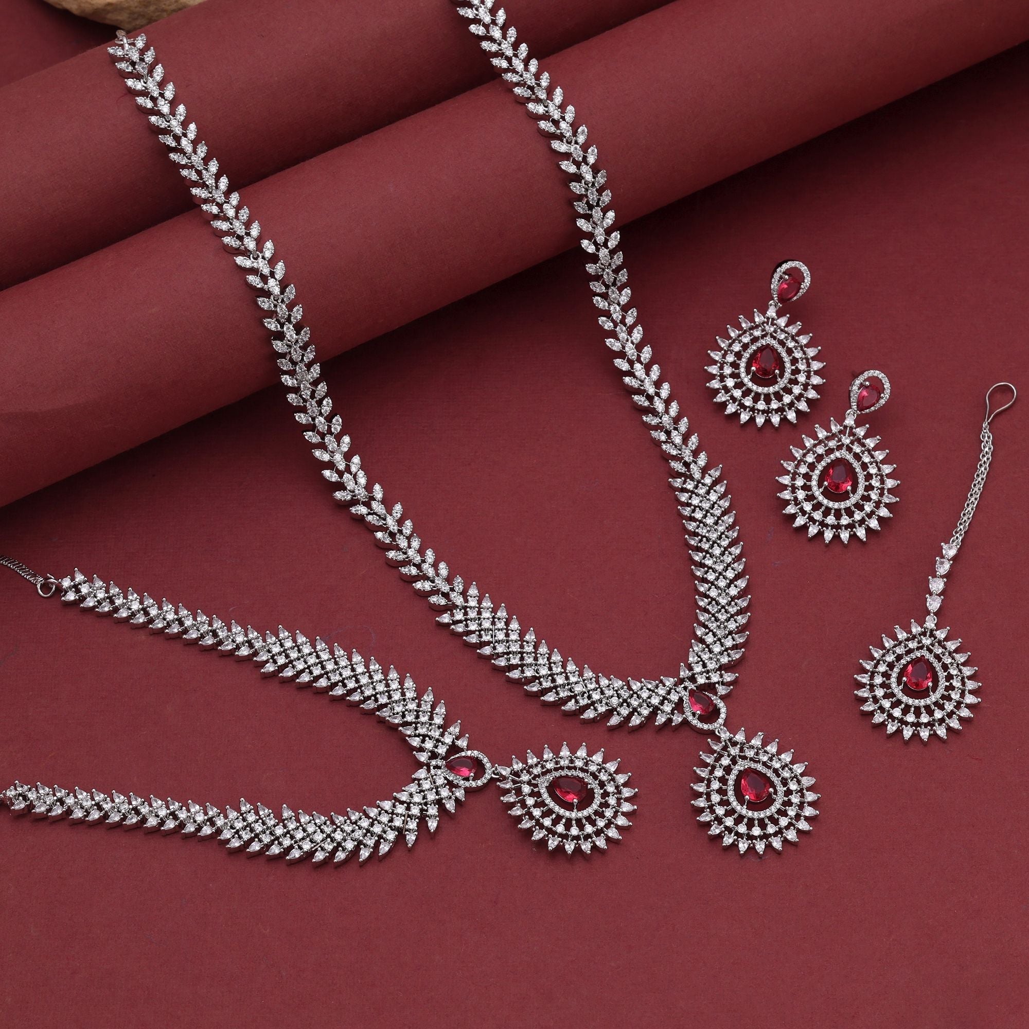 Rani Color American Diamond Necklace Set for Royal Bridal Wear