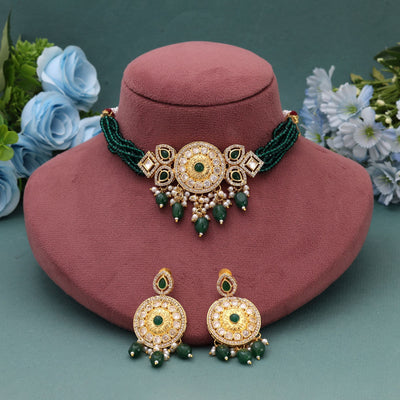 Green Color Choker American Diamond Necklace Set for Bridal Looks