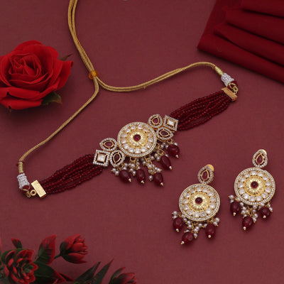 Maroon Color Choker American Diamond Necklace Set for Festive Wear