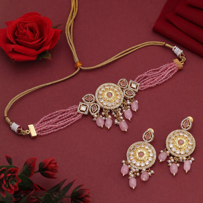 Pink Color Choker American Diamond Necklace Set for Trendy Ethnic Wear