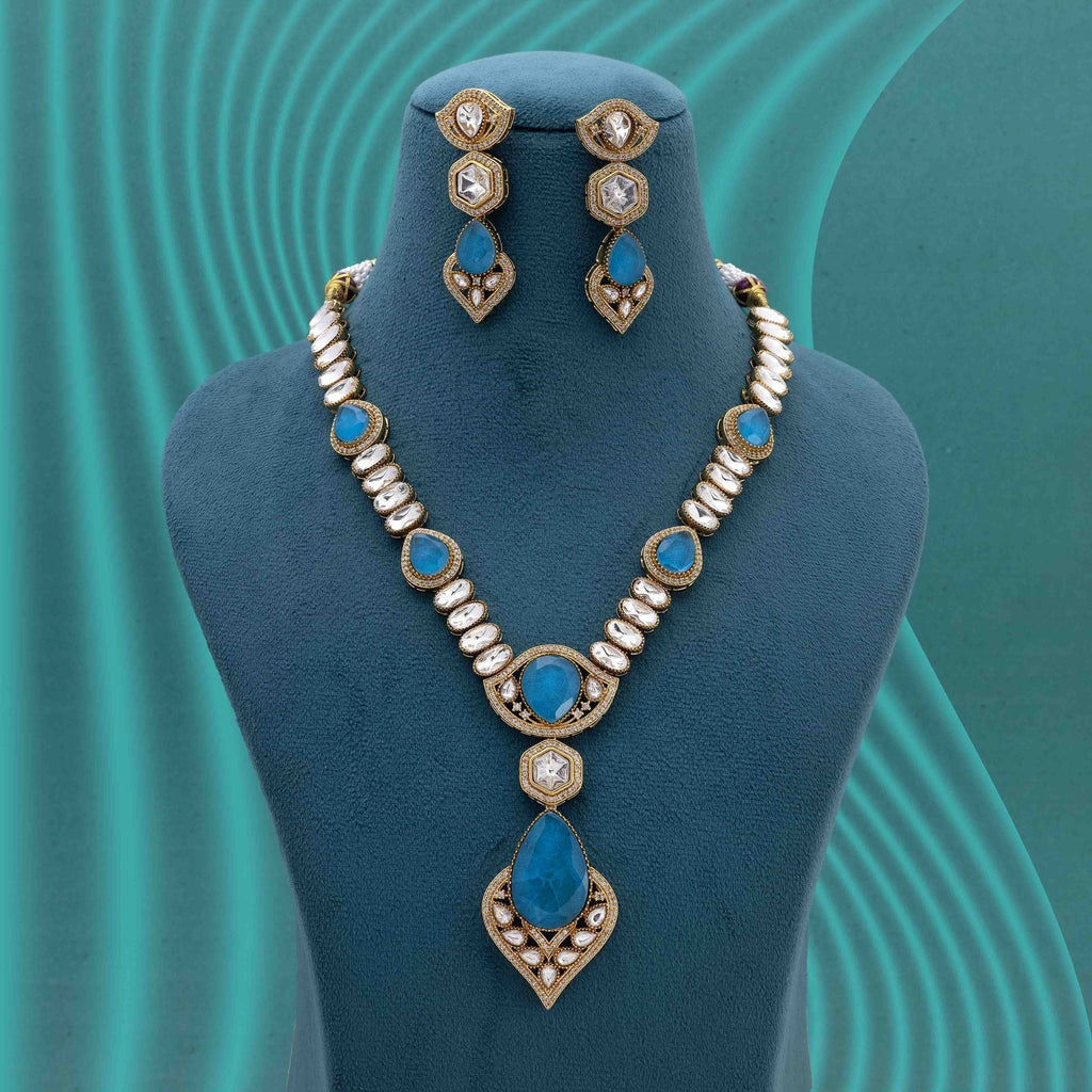 Firozi Color Long American Diamond Necklace Set for Traditional Wear