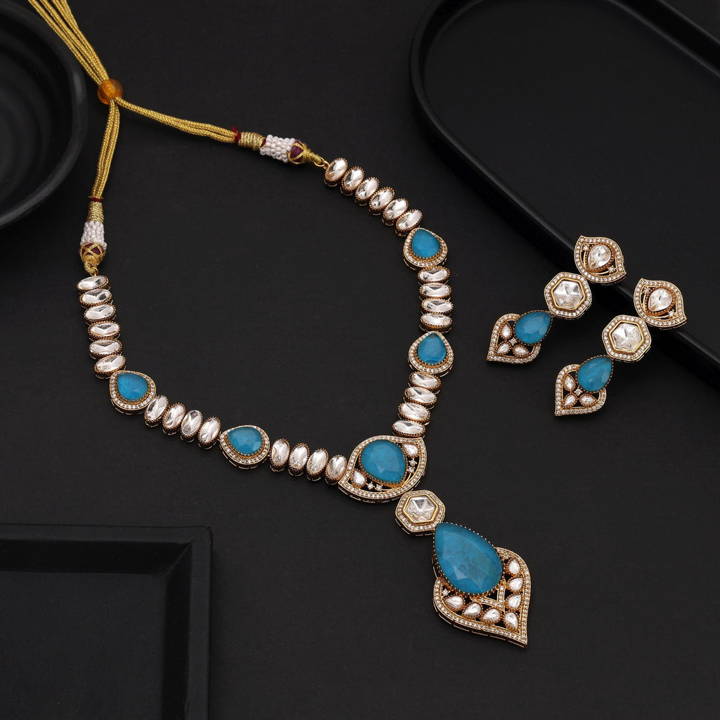 Firozi Color Long American Diamond Necklace Set for Traditional Wear