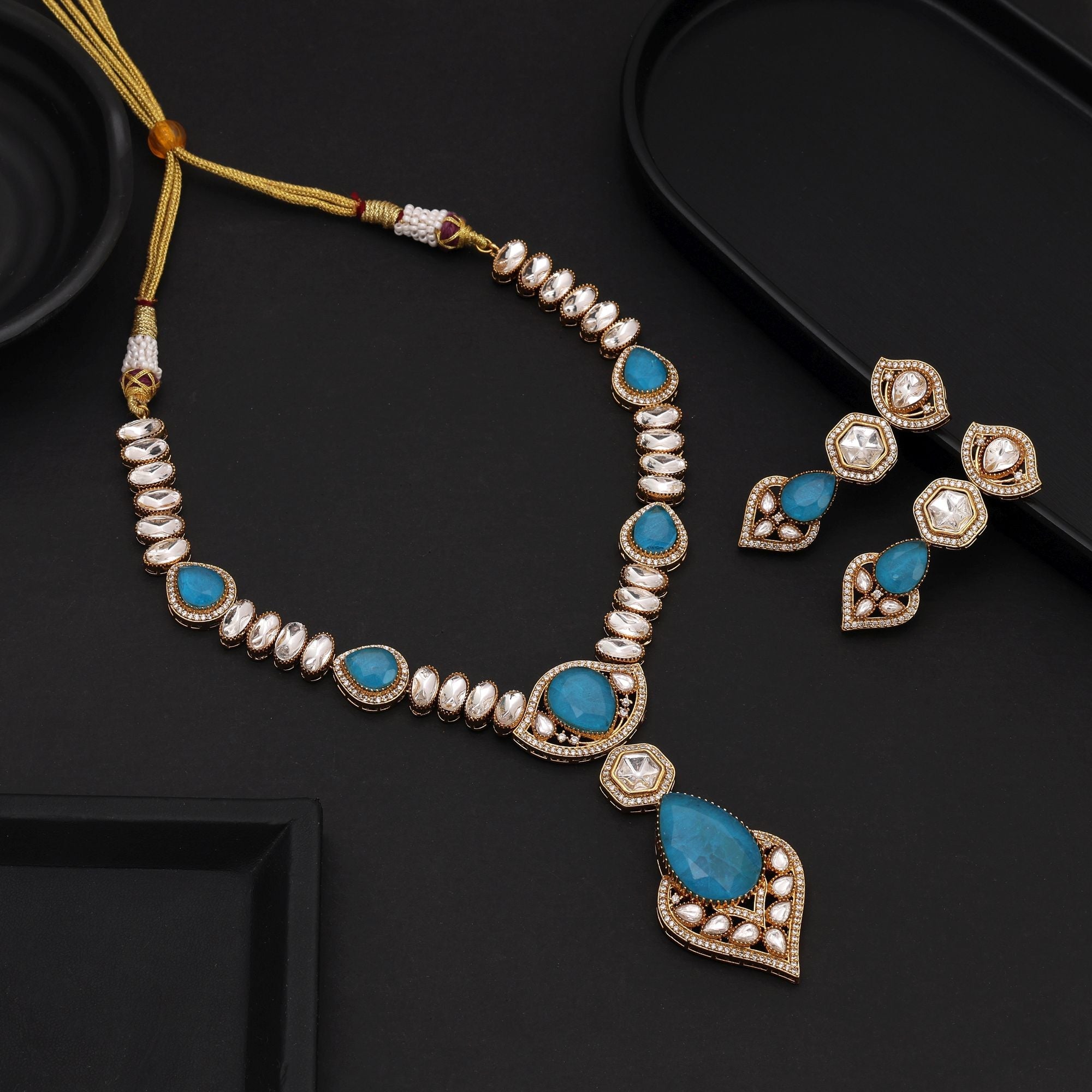 Firozi Color Long American Diamond Necklace Set for Traditional Wear