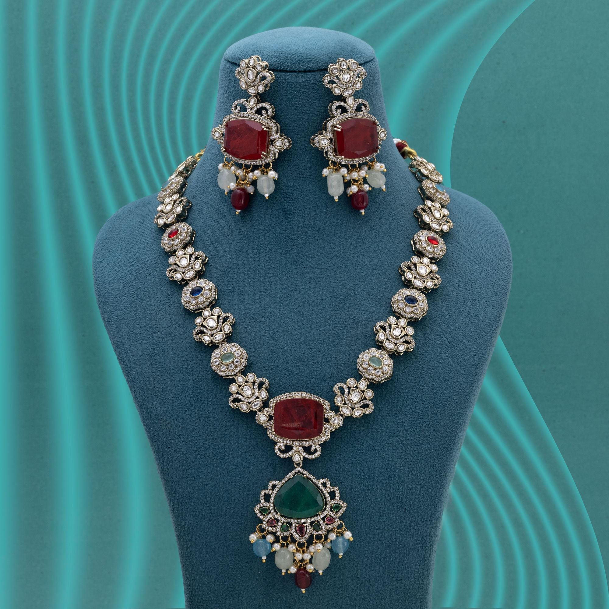 Multi Color Long American Diamond Necklace Set with Luxury Finish