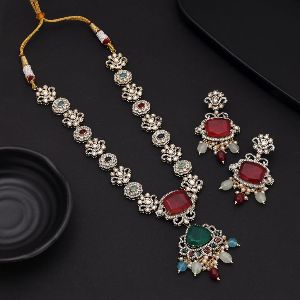 Multi Color Long American Diamond Necklace Set with Luxury Finish