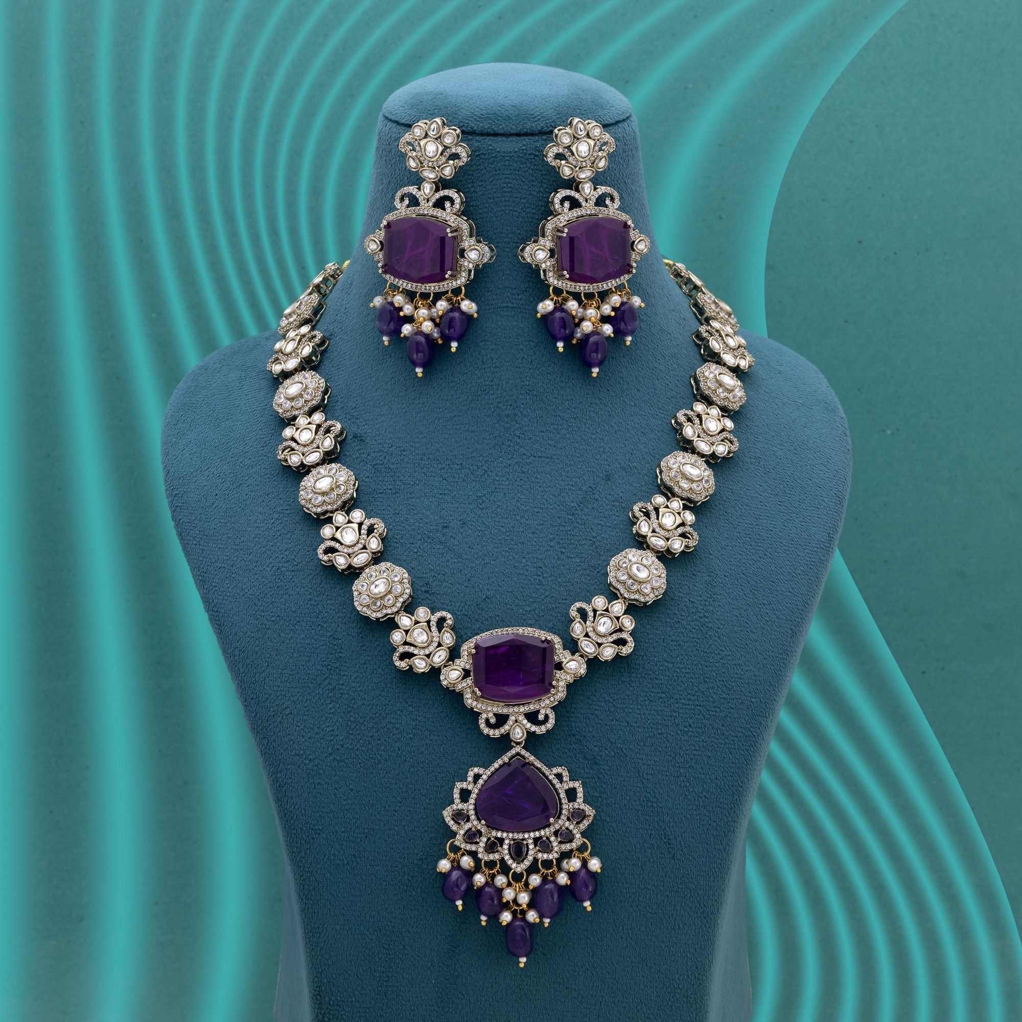 Purple Color Long American Diamond Necklace Set for Statement Looks