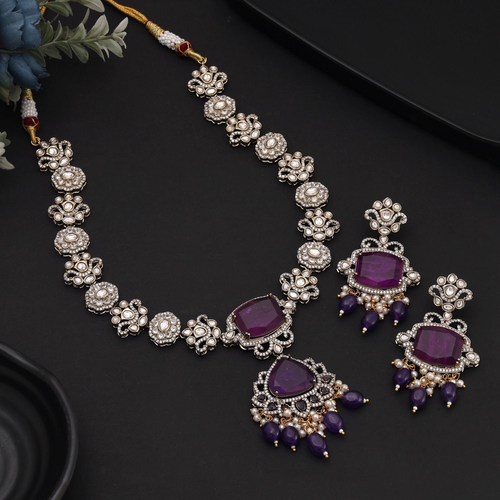 Purple Color Long American Diamond Necklace Set for Statement Looks