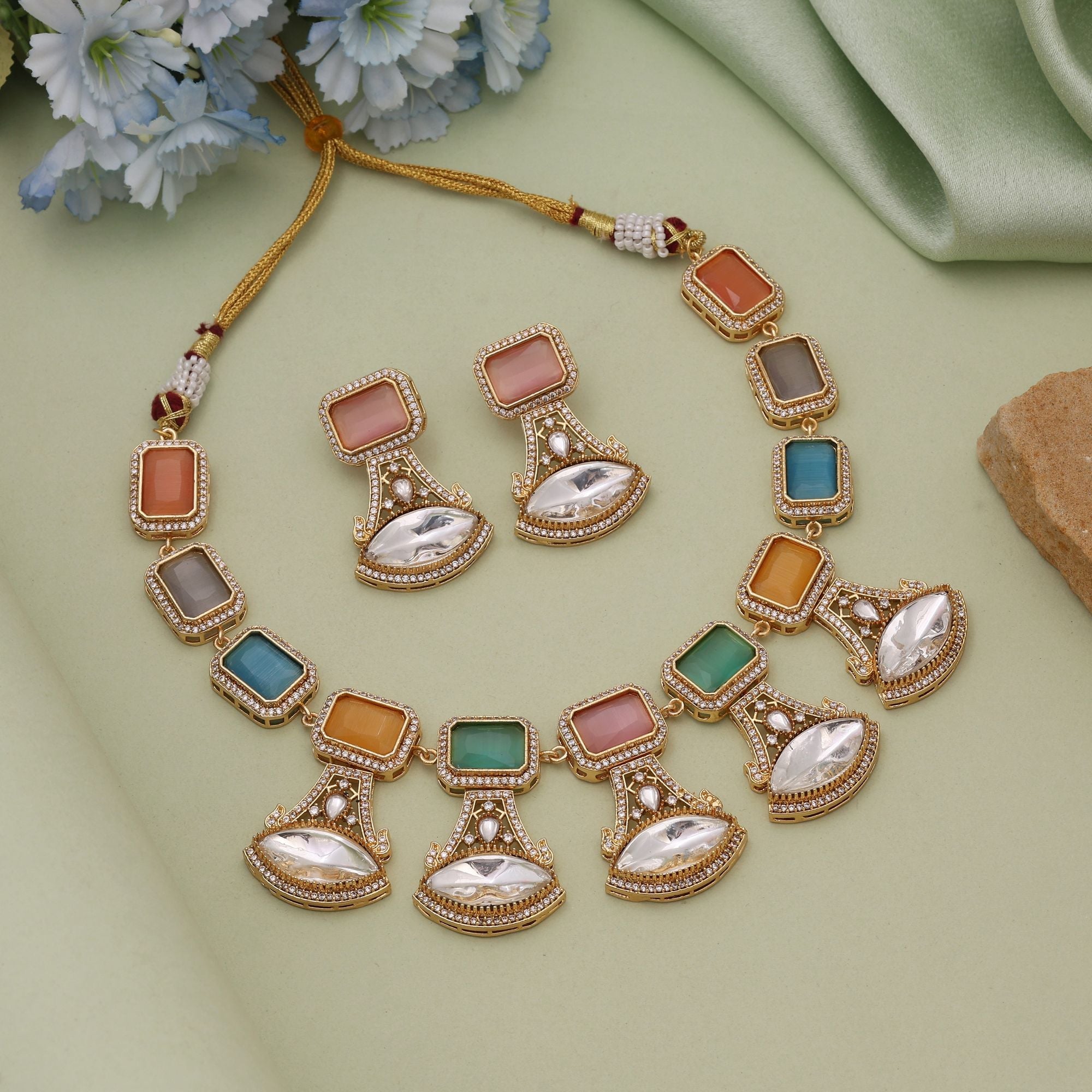 Multi Color American Diamond Necklace Set for Wedding Wear