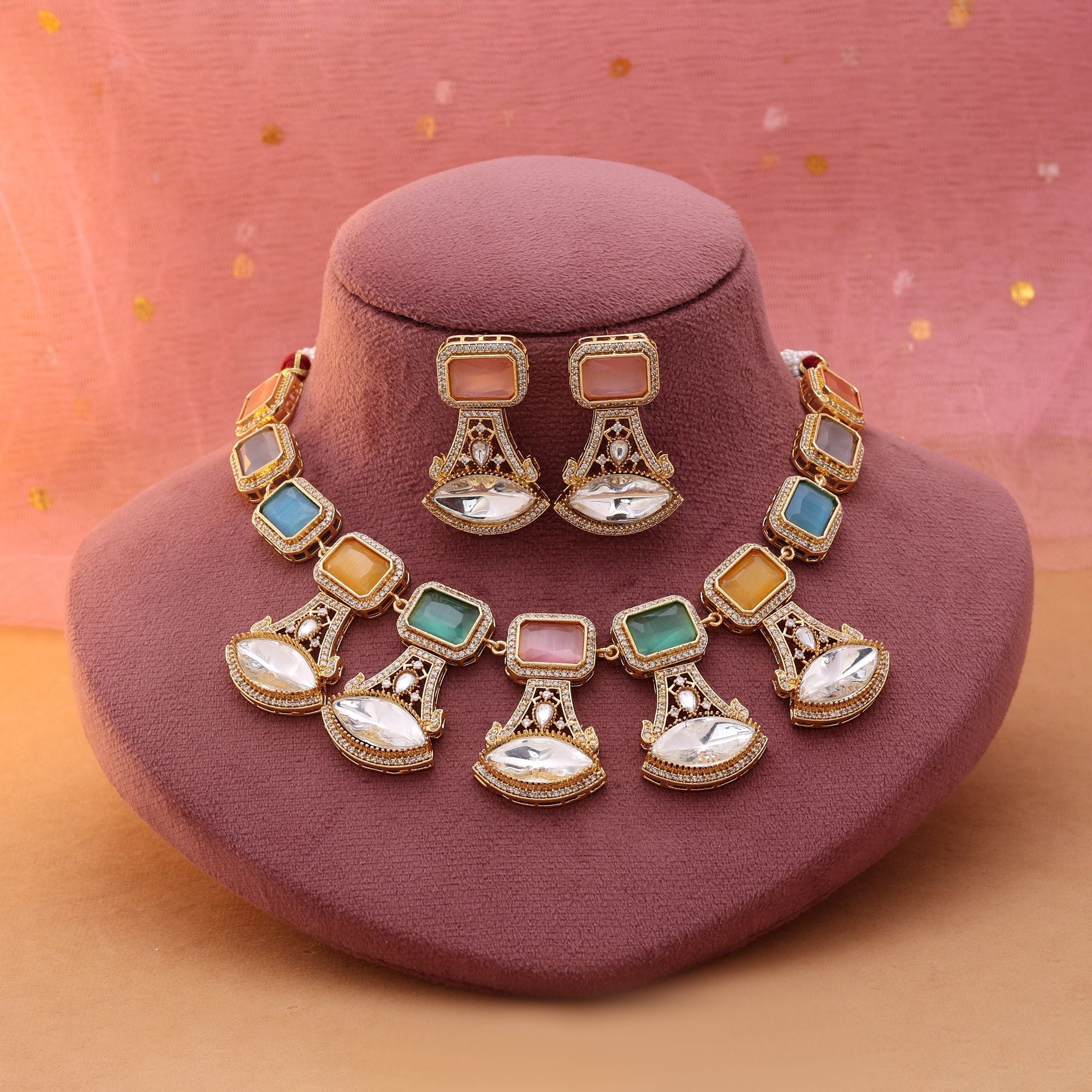 Multi Color American Diamond Necklace Set for Wedding Wear
