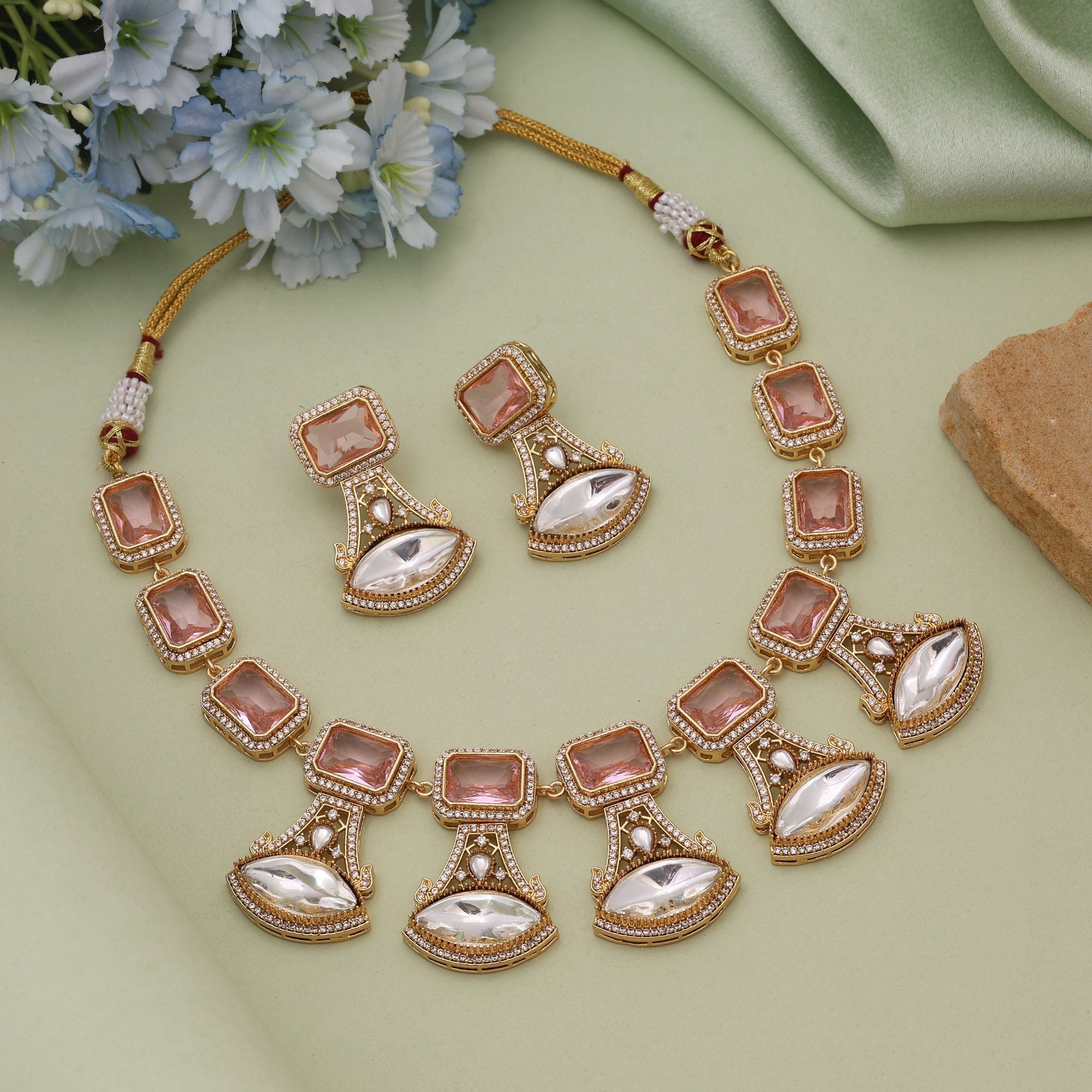 Pink Color American Diamond Necklace Set for Celebration Wear