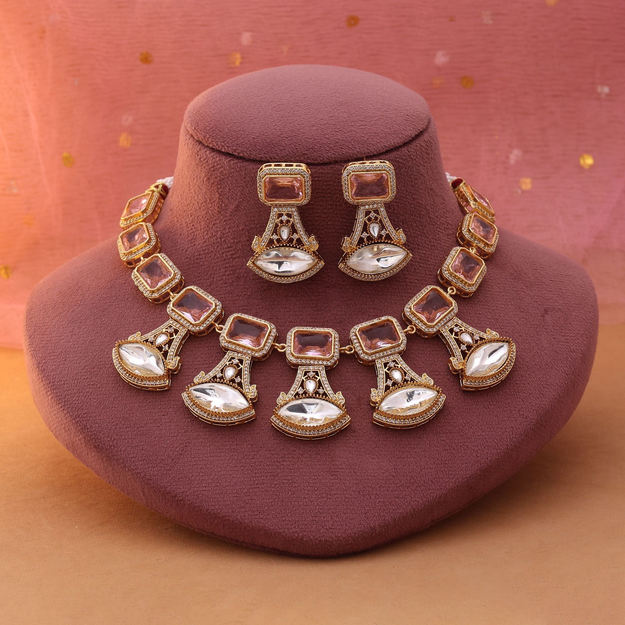 Pink Color American Diamond Necklace Set for Celebration Wear