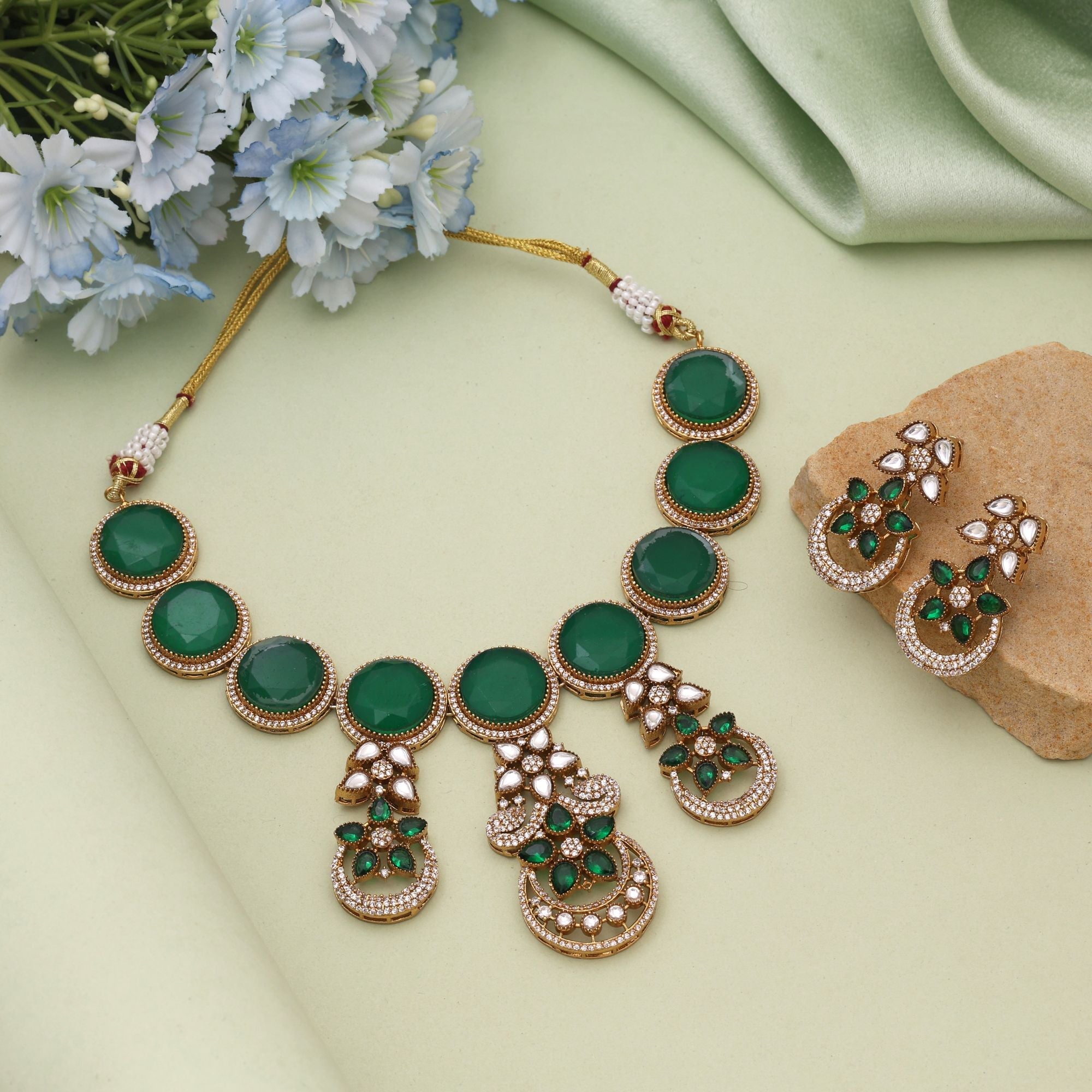 Green Color American Diamond Necklace Set for Timeless Ethnic Style