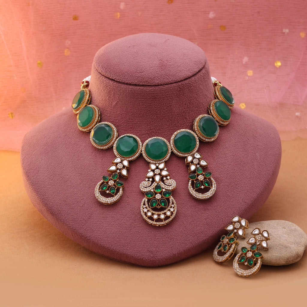 Green Color American Diamond Necklace Set for Timeless Ethnic Style