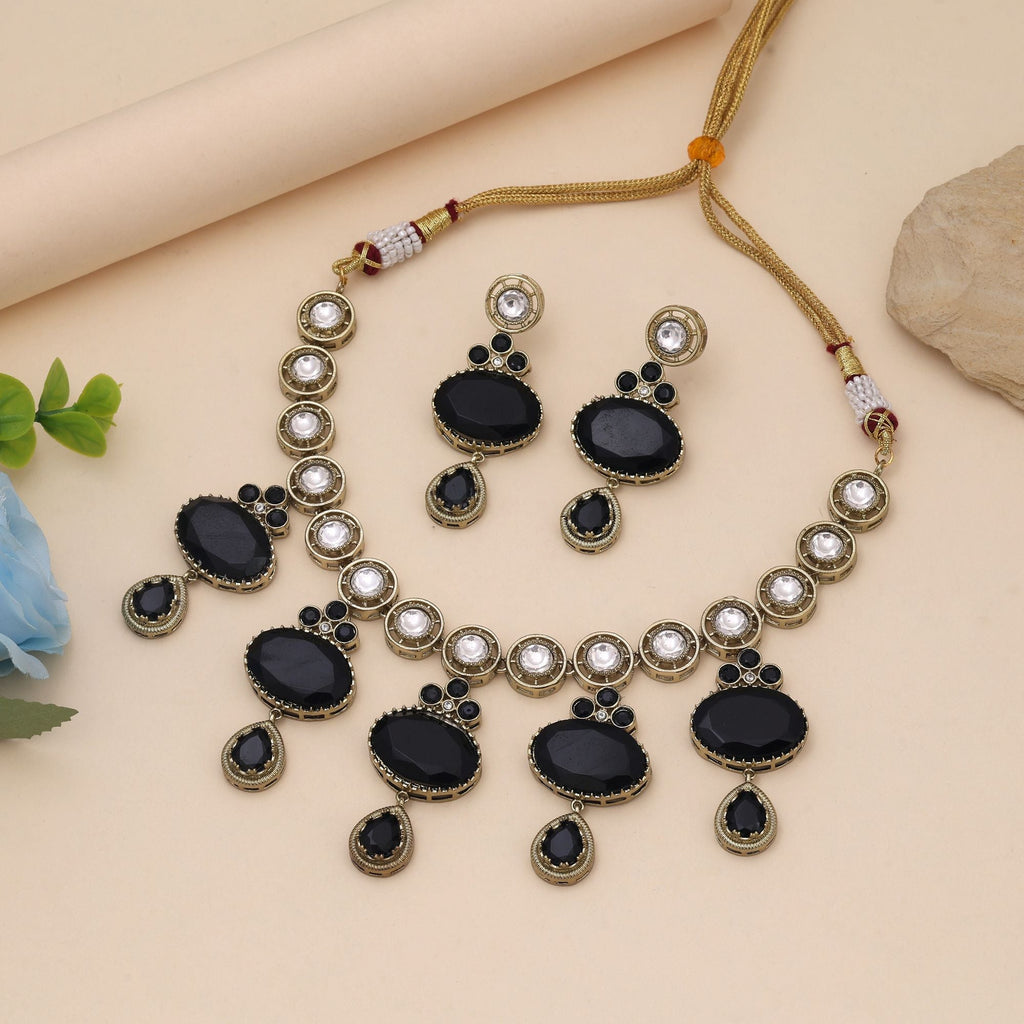 Black Color American Diamond Necklace Set for Bold Statement Looks