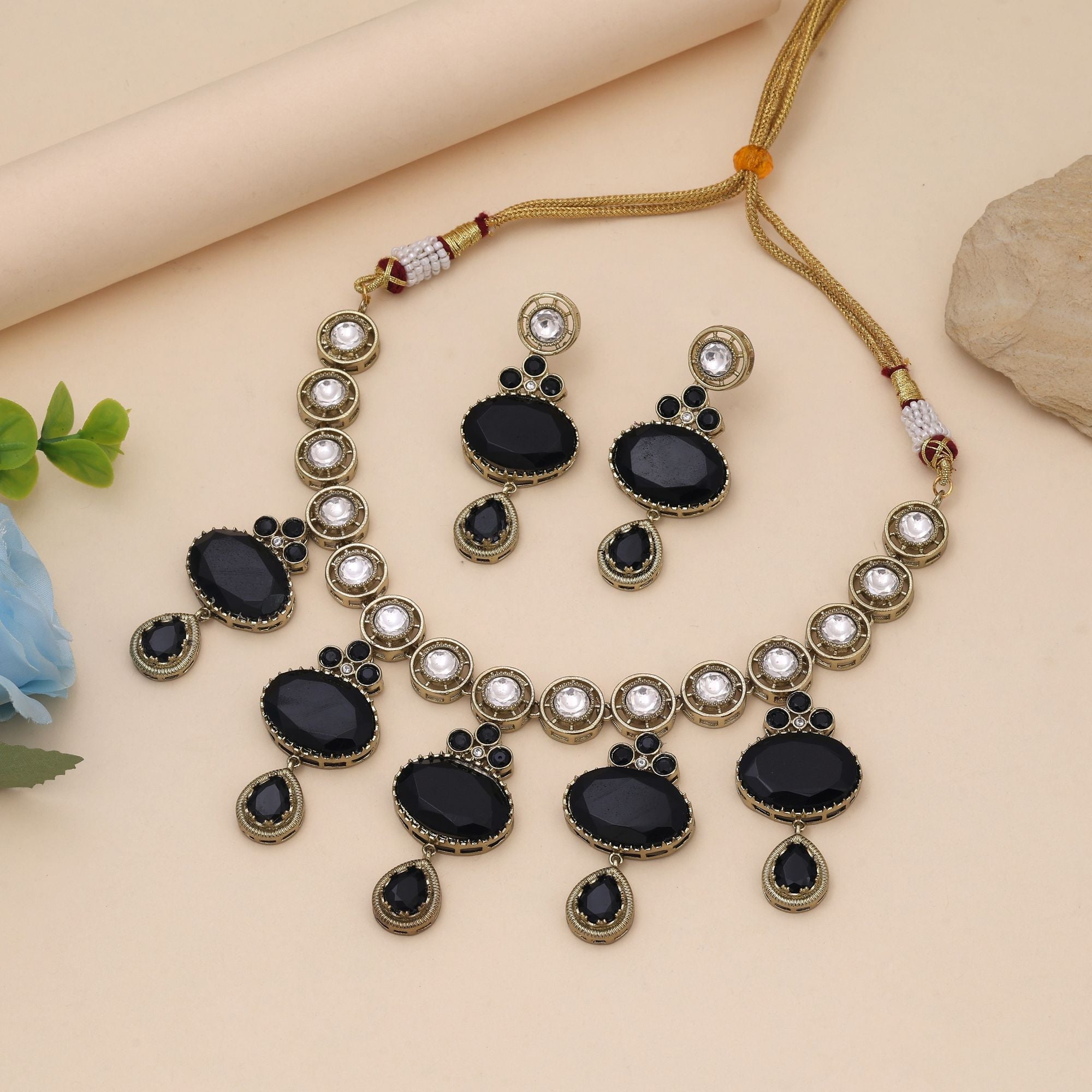 Black Color American Diamond Necklace Set for Bold Statement Looks