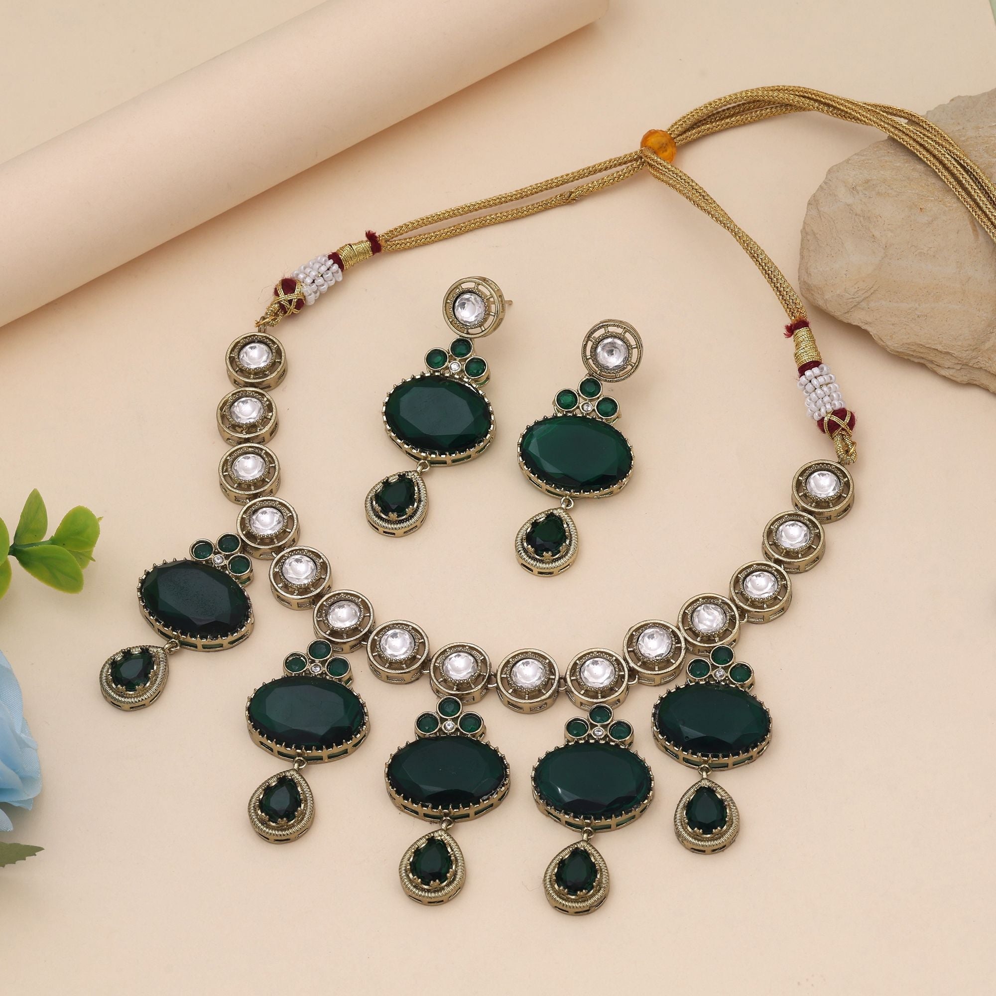Green Color American Diamond Necklace Set with Premium Festive Finish
