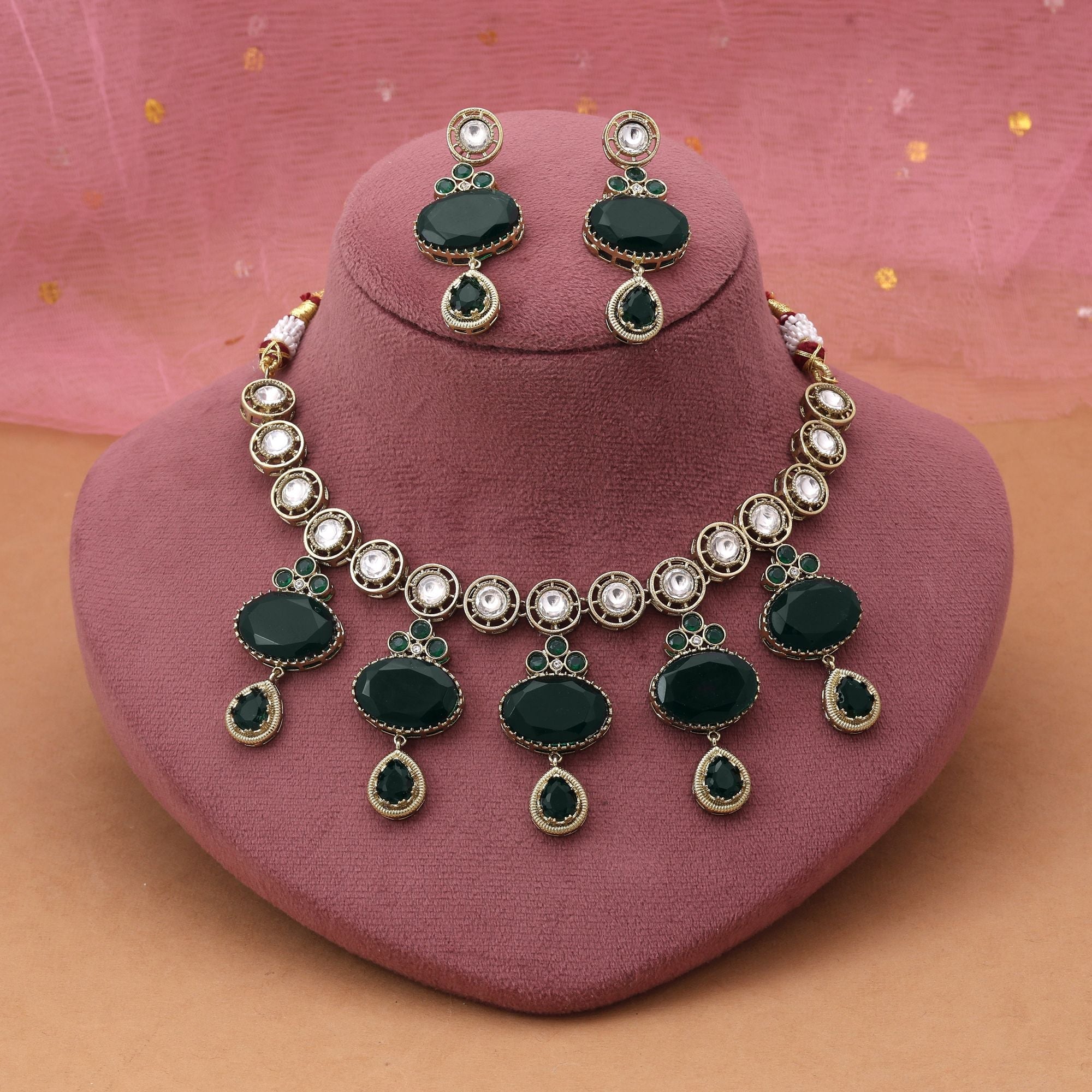 Green Color American Diamond Necklace Set with Premium Festive Finish