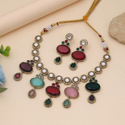 Multi Color American Diamond Necklace Set with Classic Modern Design