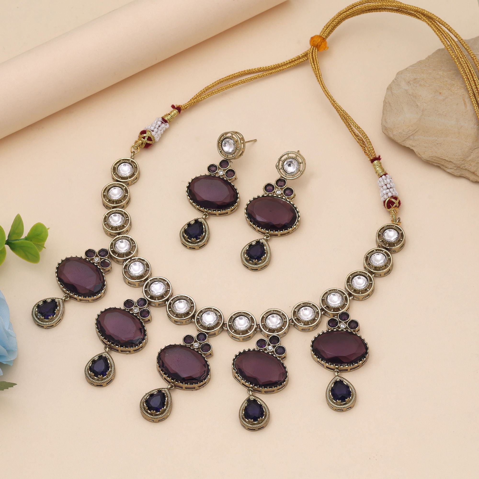Purple Color American Diamond Necklace Set with Royal Elegance