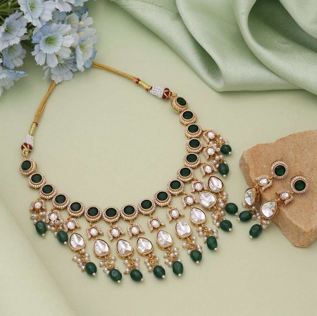 Green Color American Diamond Necklace Set with Rich Diamond Tone