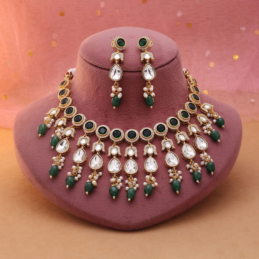 Green Color American Diamond Necklace Set with Rich Diamond Tone