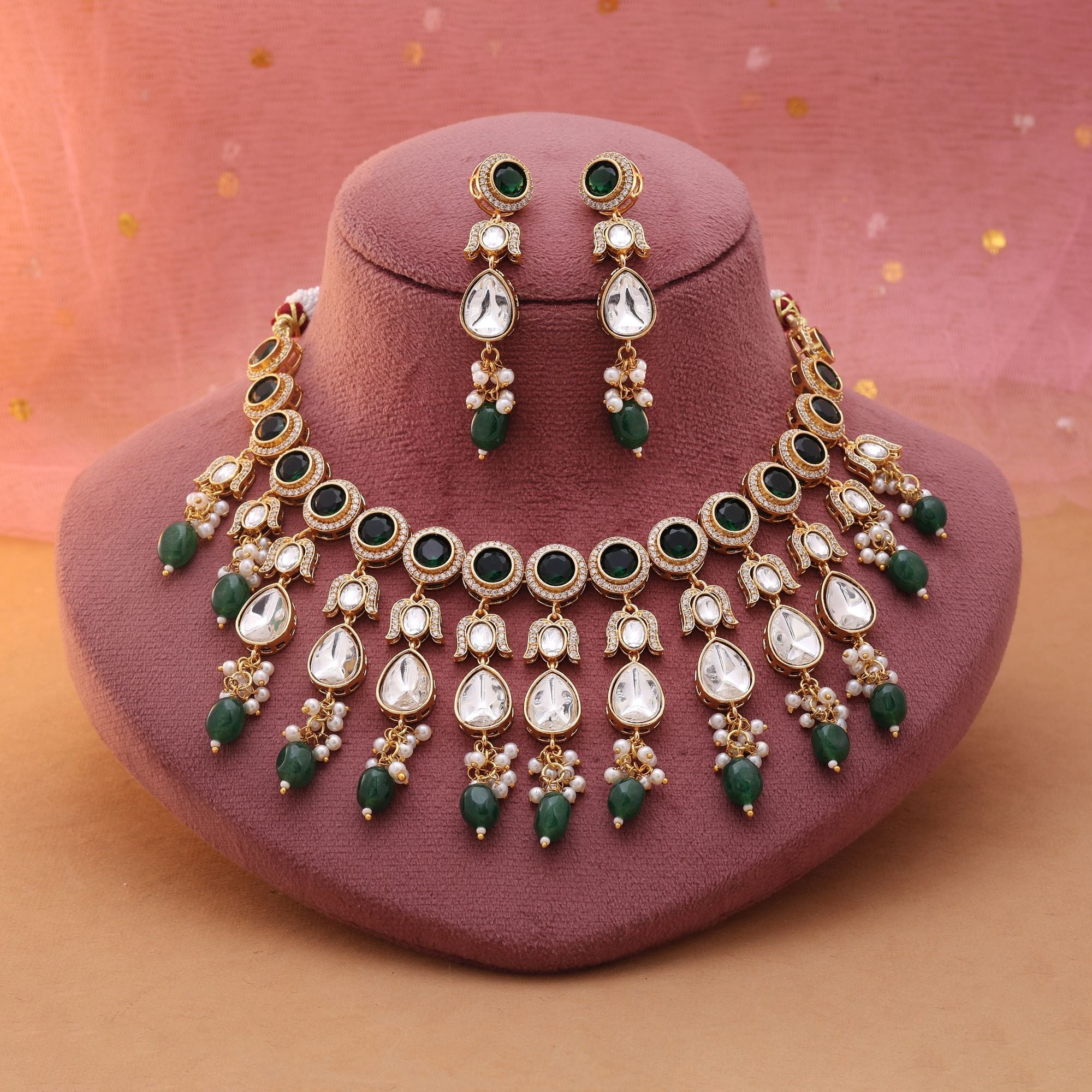 Green Color American Diamond Necklace Set with Rich Diamond Tone