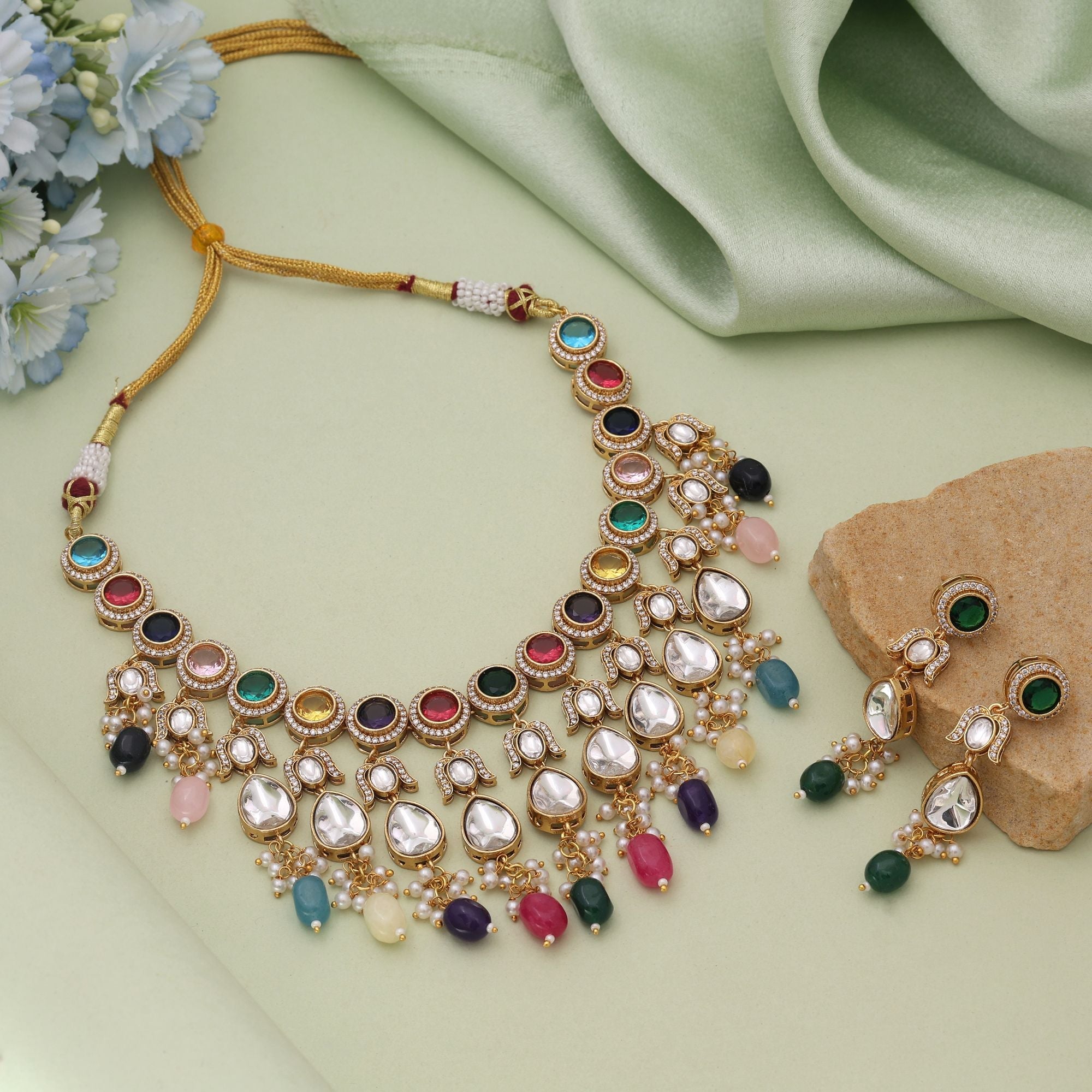 Multi Color American Diamond Necklace Set for Wedding Celebrations