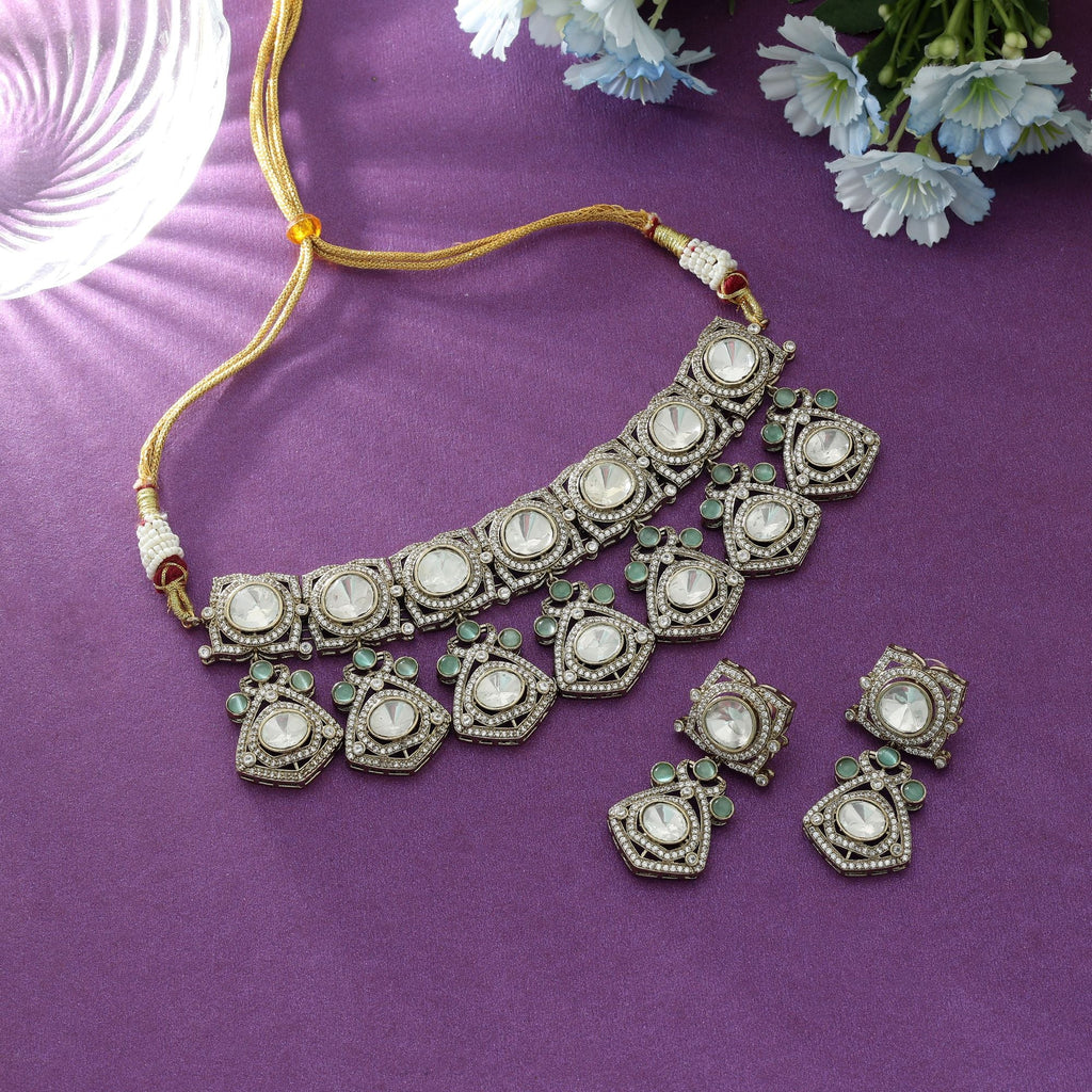 Pista Green Color Choker American Diamond Necklace Set