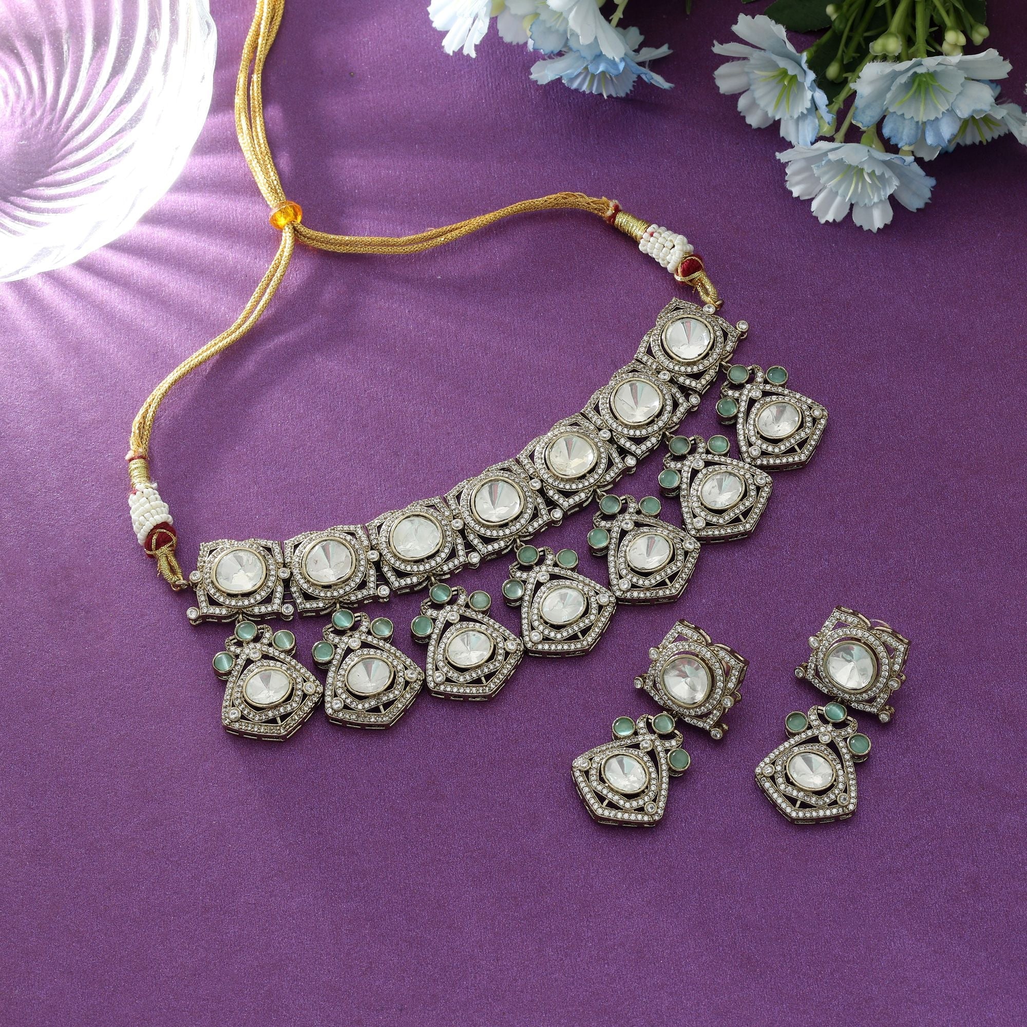 Pista Green Color Choker American Diamond Necklace Set
