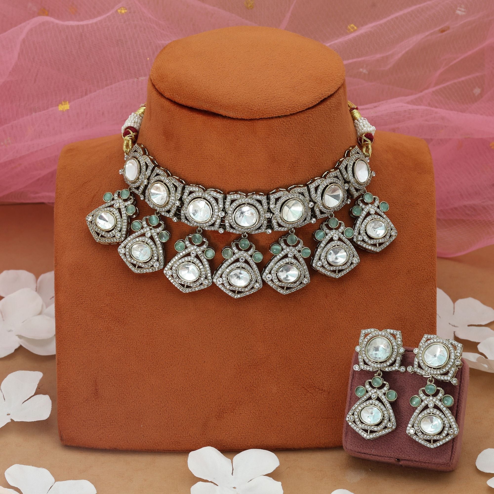 Pista Green Color Choker American Diamond Necklace Set