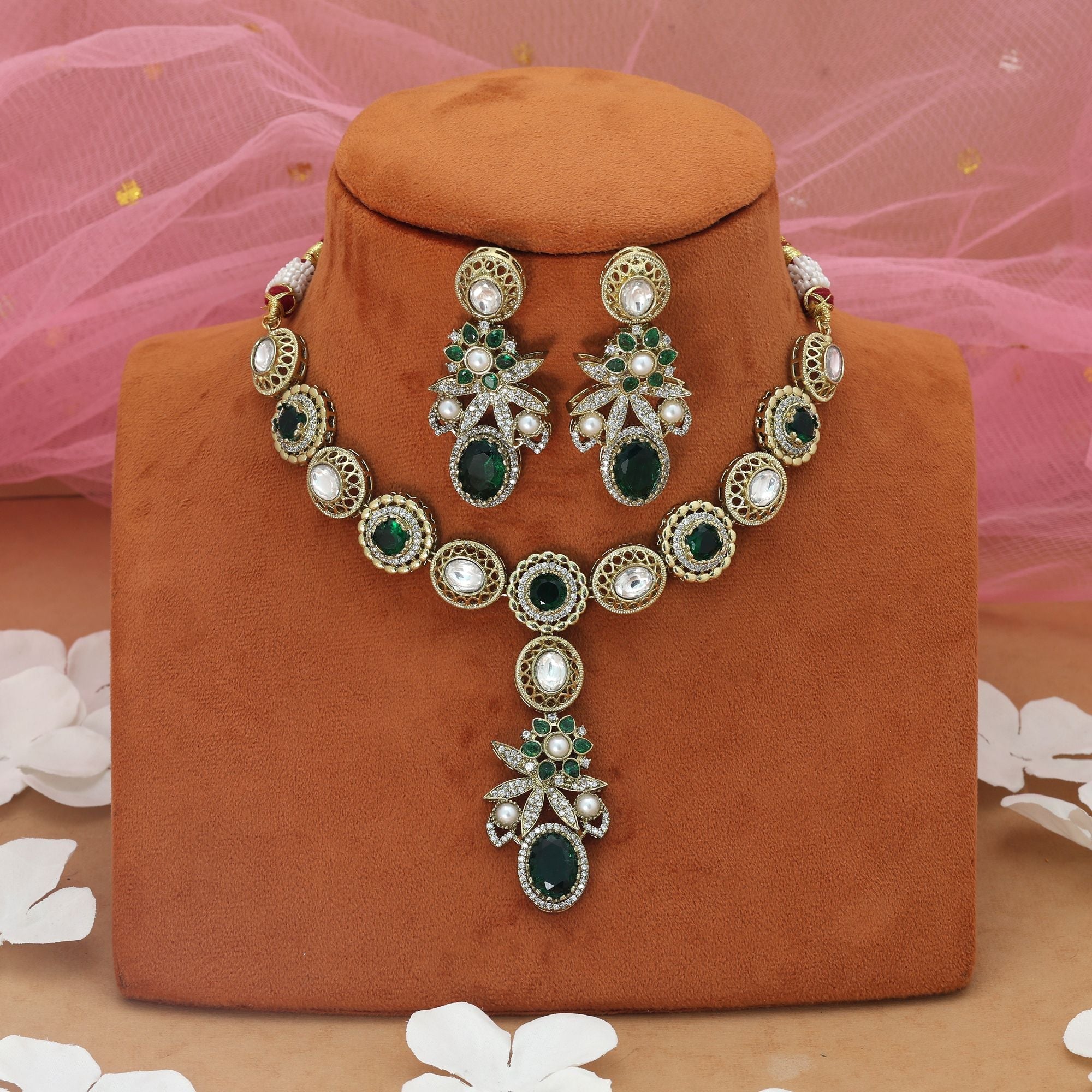 Green Color American Diamond Necklace Set