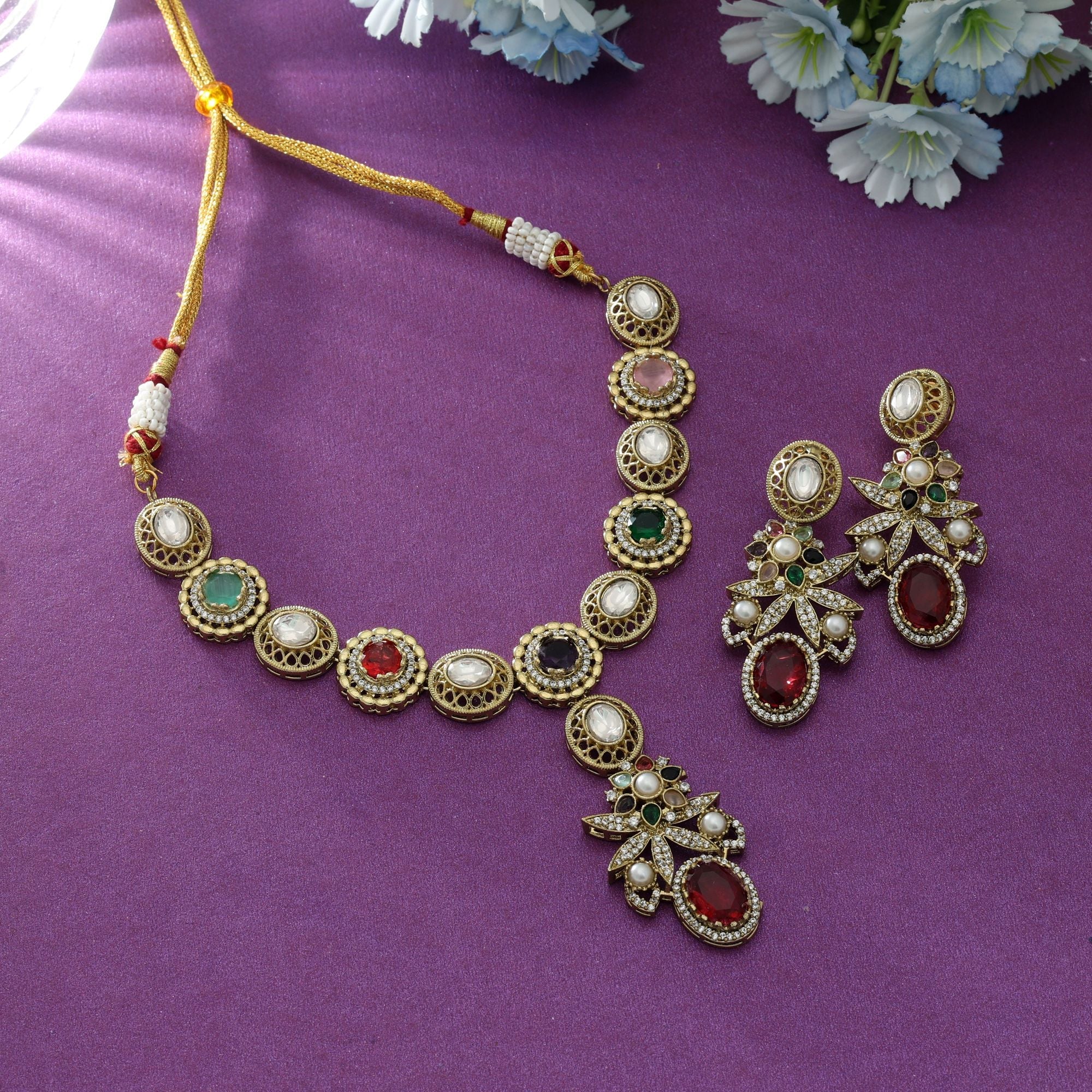 Multi Color American Diamond Necklace Set (Designer)