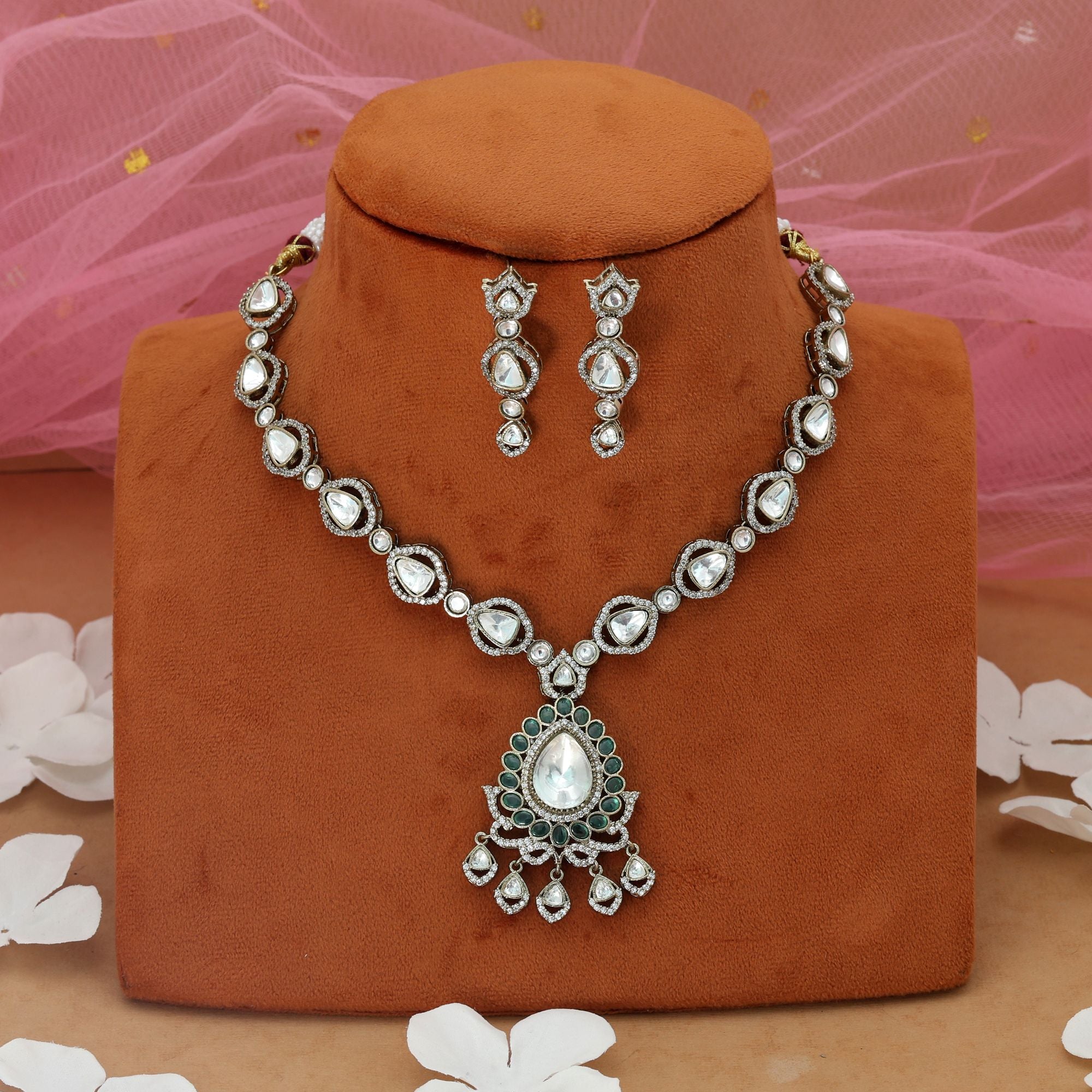 Green Color American Diamond Necklace Set (Festive)