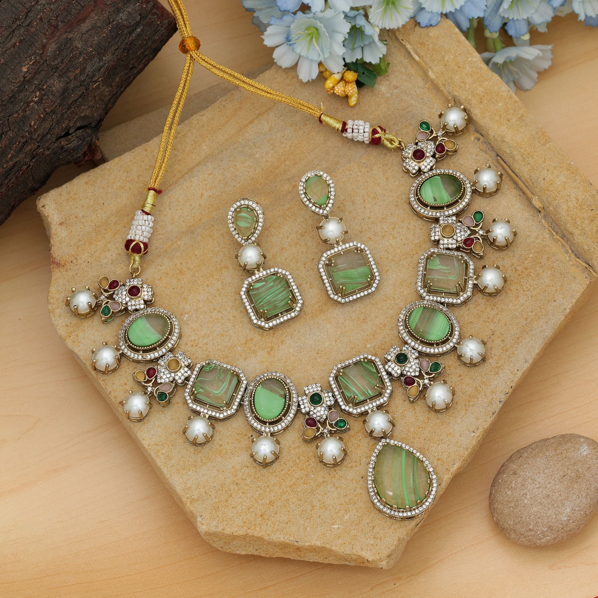 Light Green Color American Diamond Necklace Set Party Wear