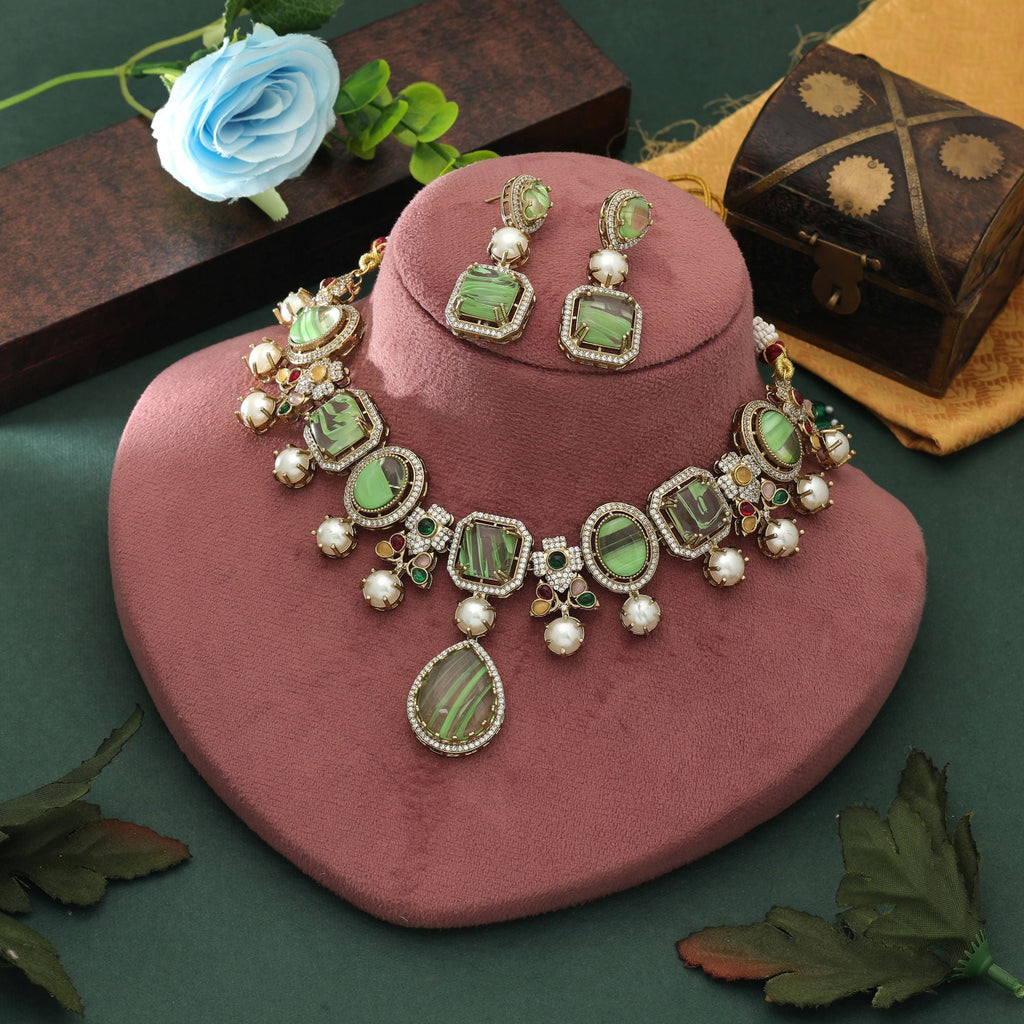 Light Green Color American Diamond Necklace Set Party Wear
