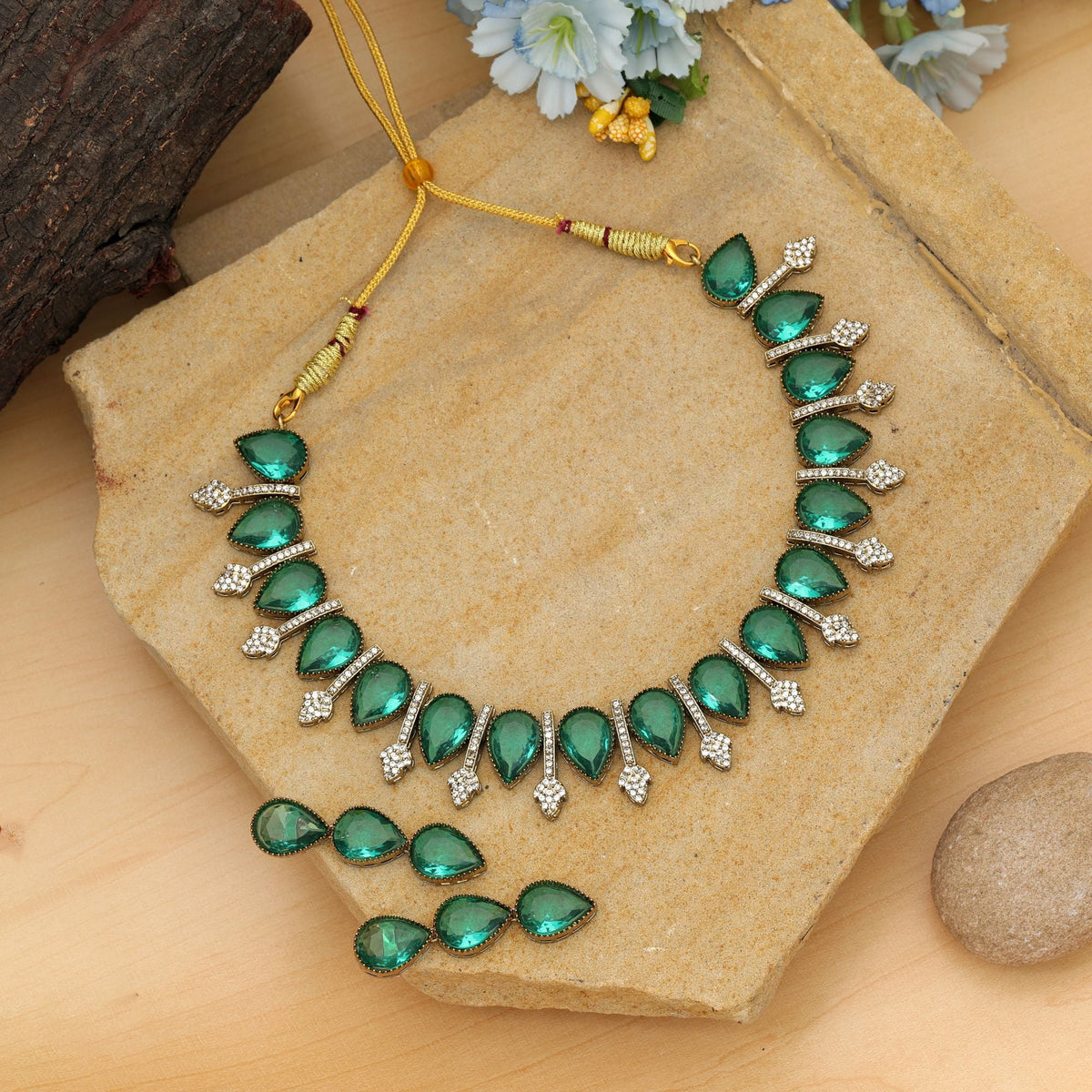 Green Color American Diamond Necklace Set Ethnic Party Wear