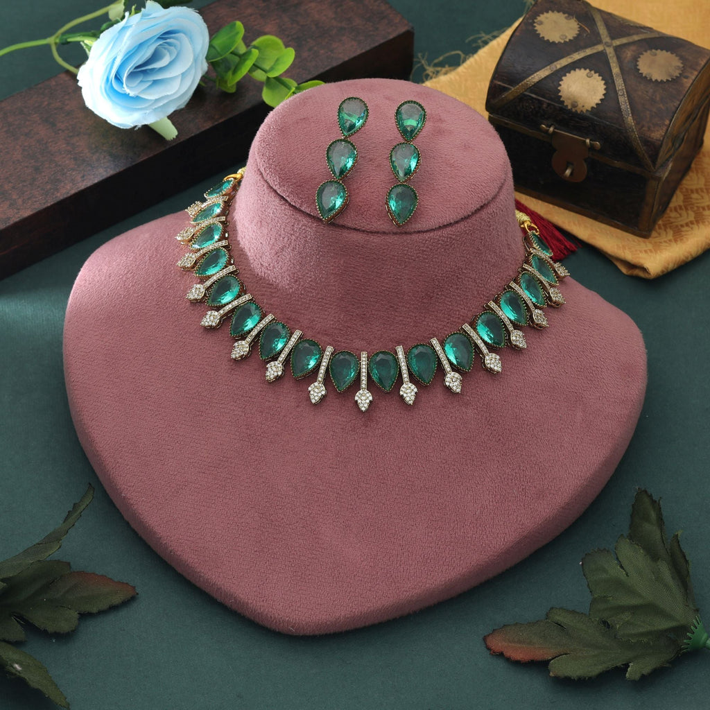 Green Color American Diamond Necklace Set Ethnic Party Wear