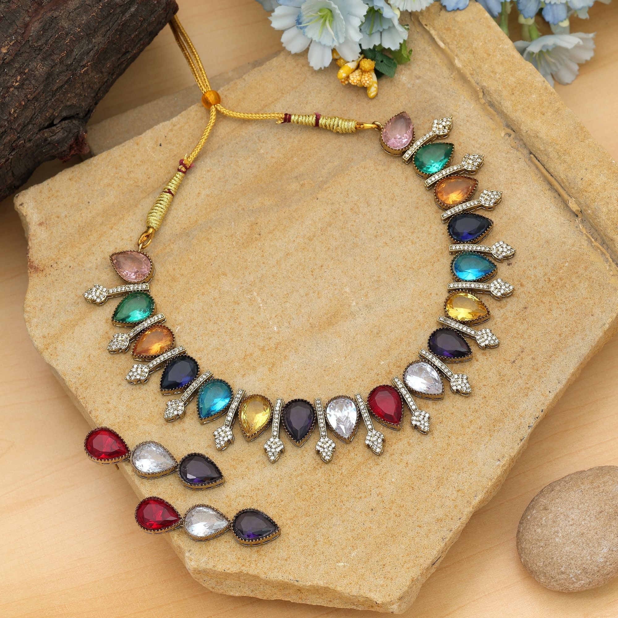 Multi Color American Diamond Necklace Set Festive Wear