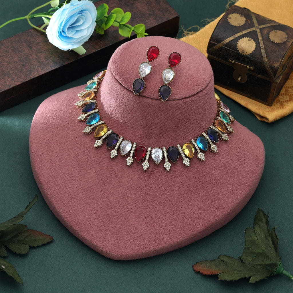 Multi Color American Diamond Necklace Set Festive Wear