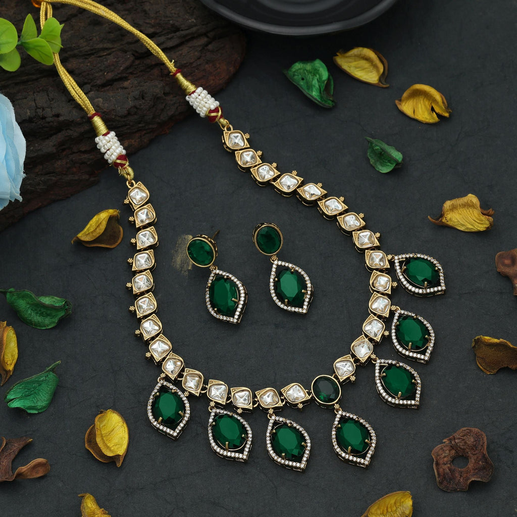 Green Color American Diamond Necklace Set Daily Wear