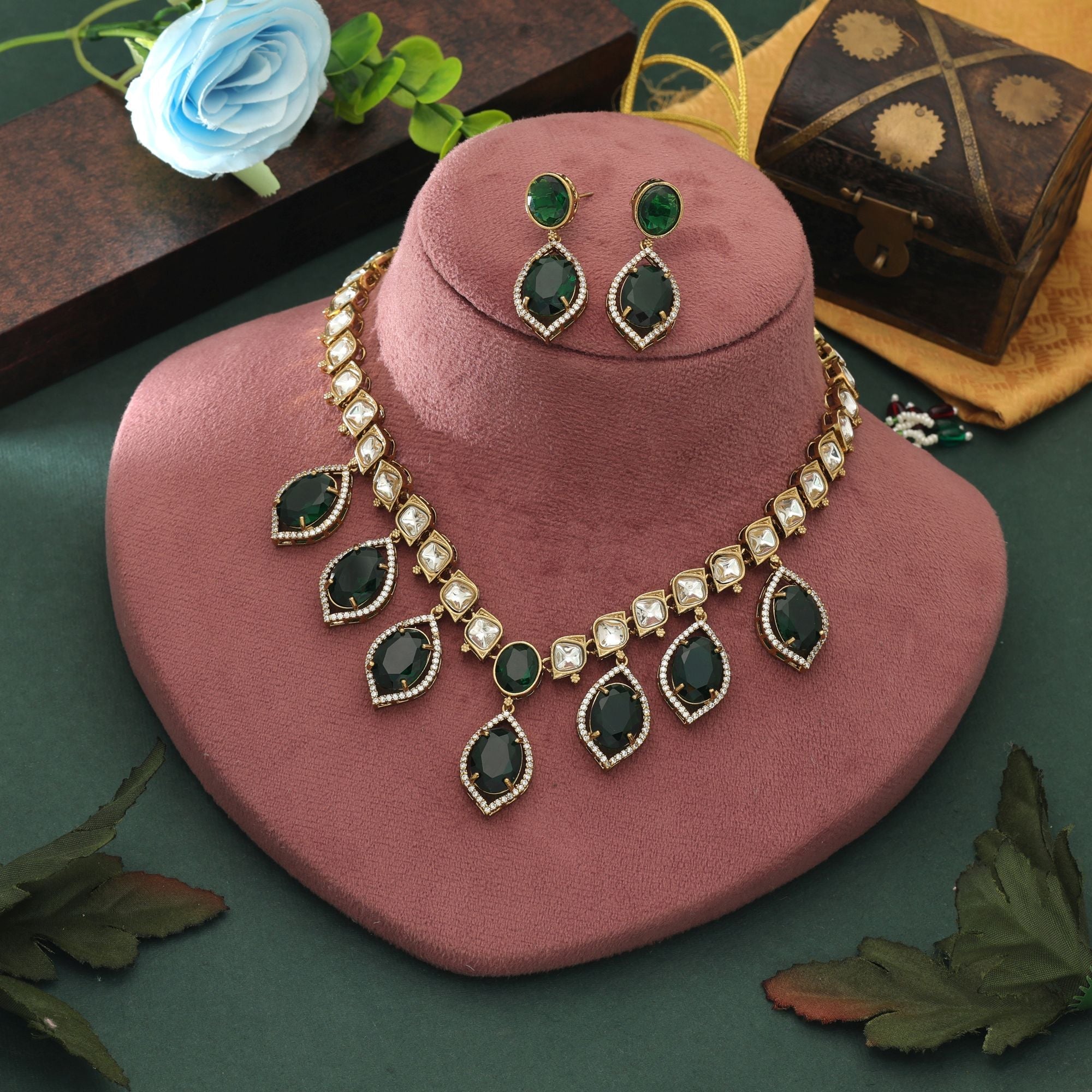 Green Color American Diamond Necklace Set Daily Wear