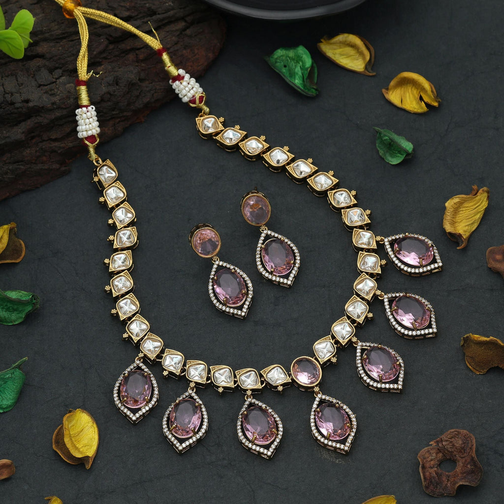 Pink Color American Diamond Necklace Set Party Wear
