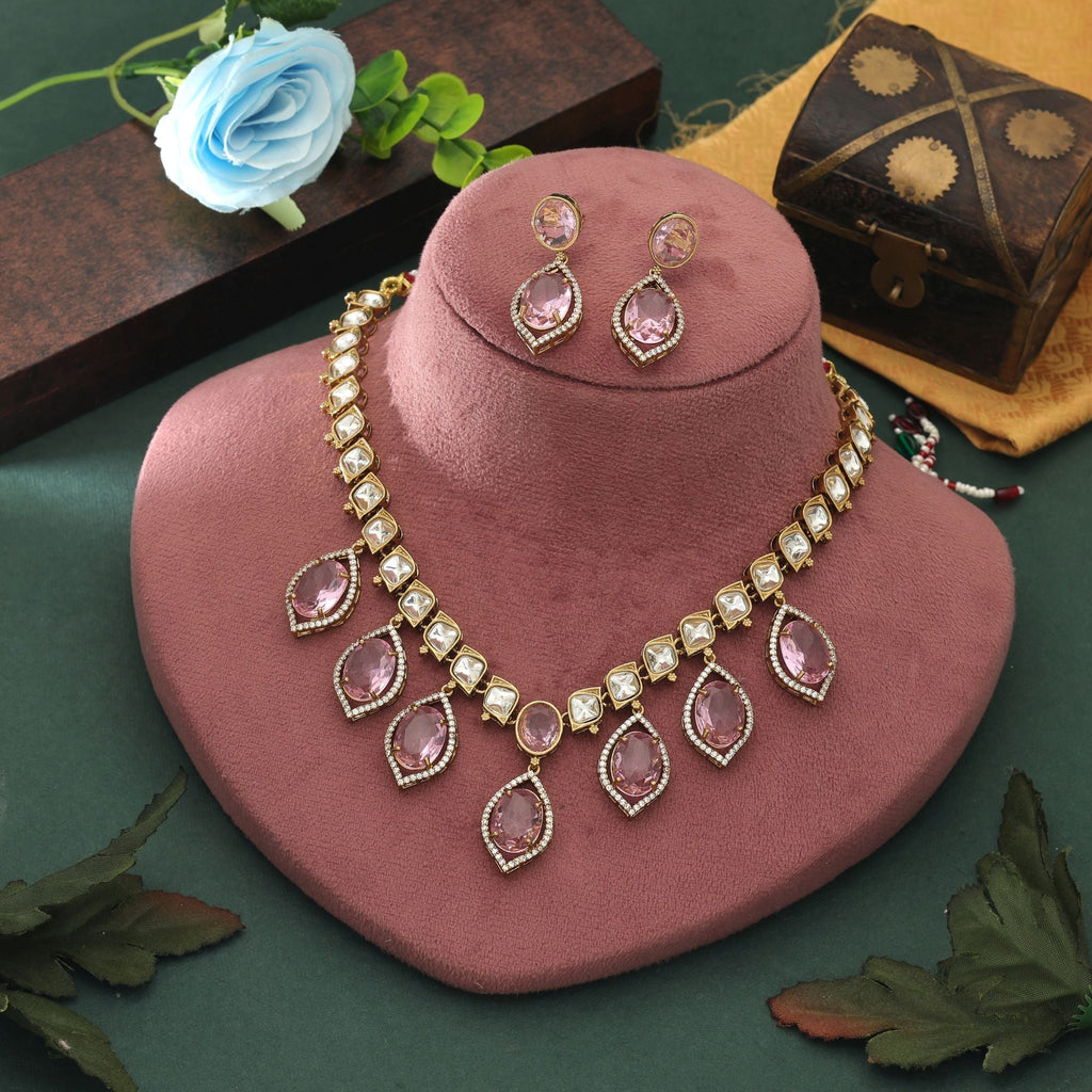 Pink Color American Diamond Necklace Set Party Wear