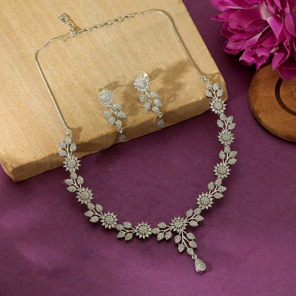 Silver Color American Diamond Necklace Set Elegant Traditional Party Wear Jewelry Design