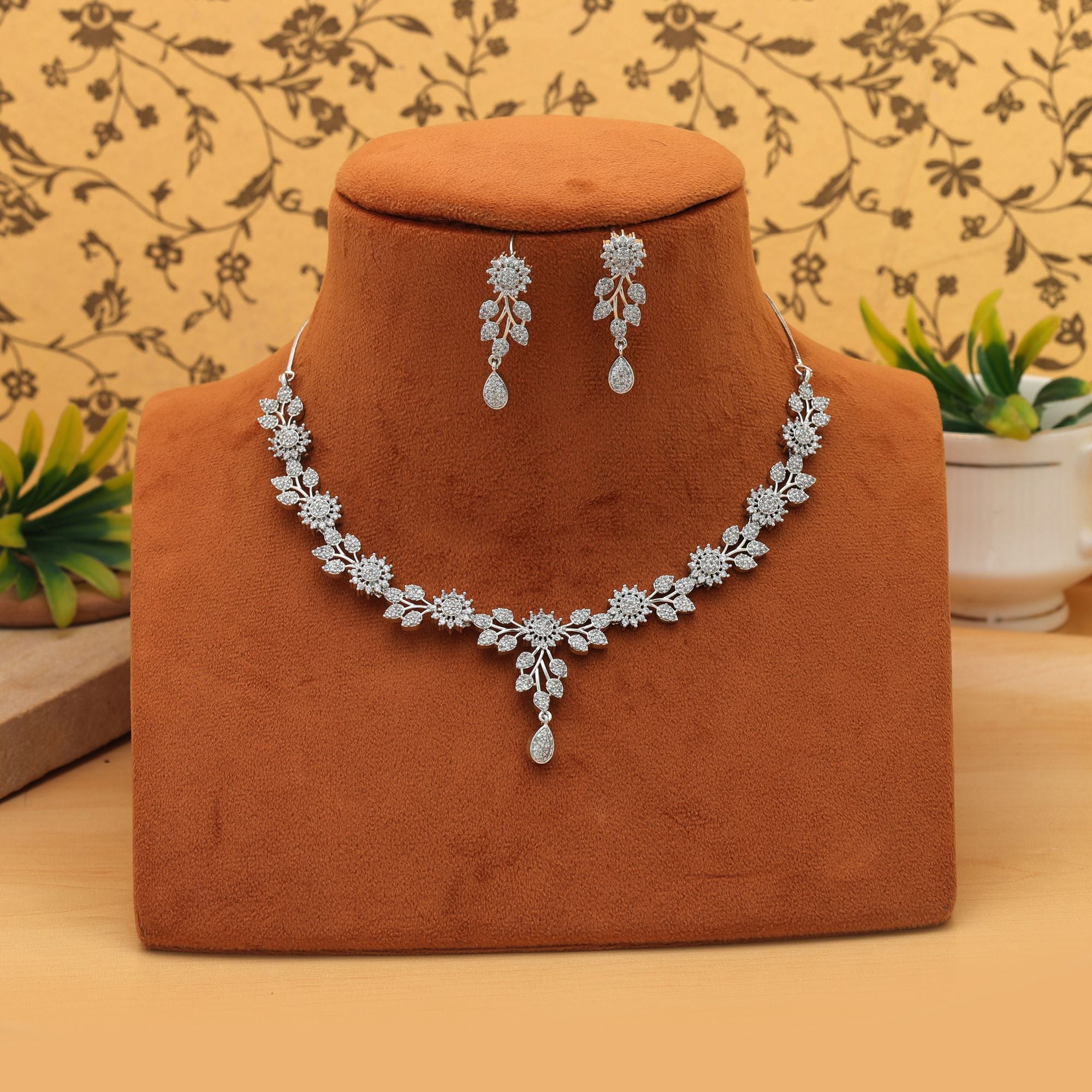 Silver Color American Diamond Necklace Set Elegant Traditional Party Wear Jewelry Design