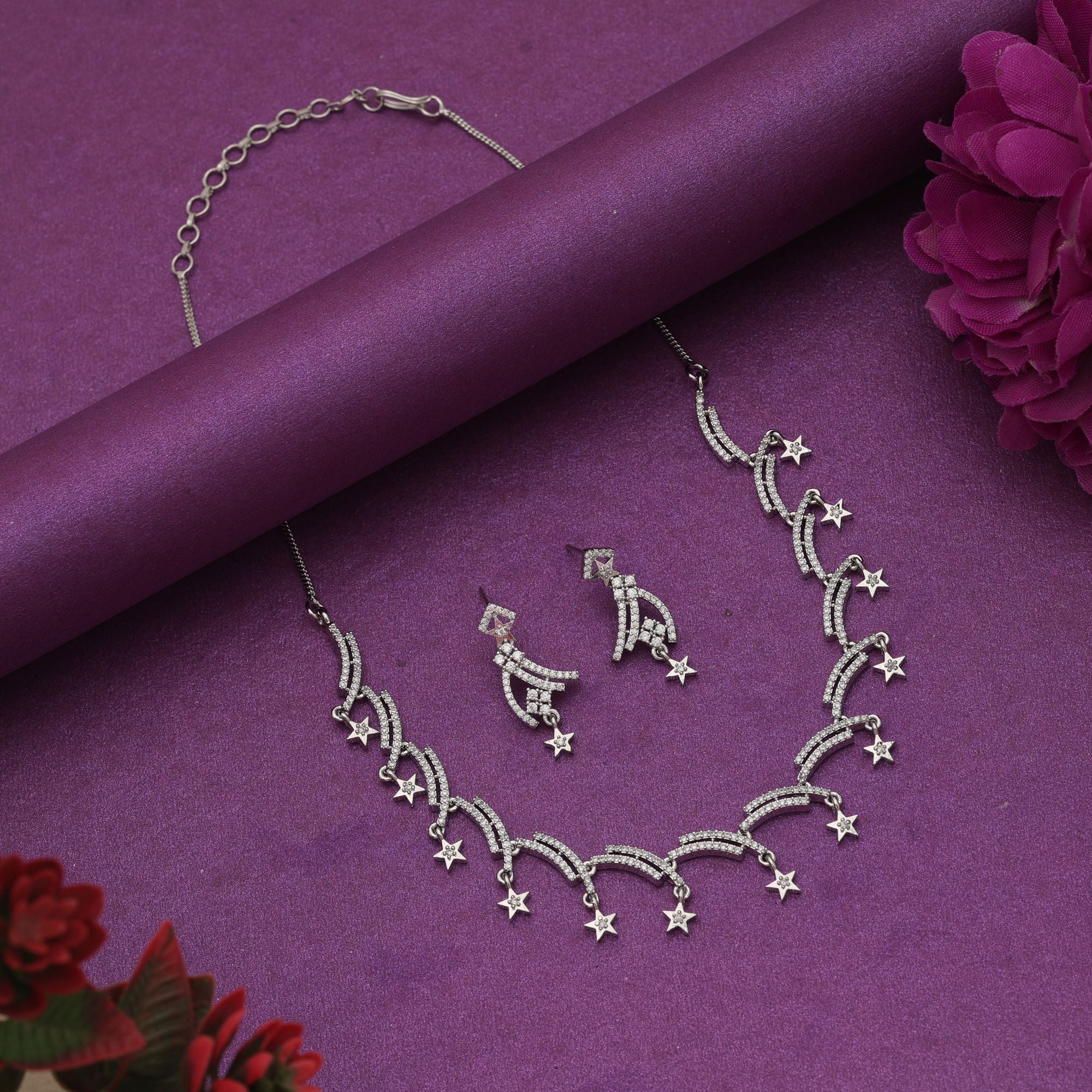 Silver Color American Diamond Necklace Set Stylish Ethnic Daily Wear Jewelry Collection Design