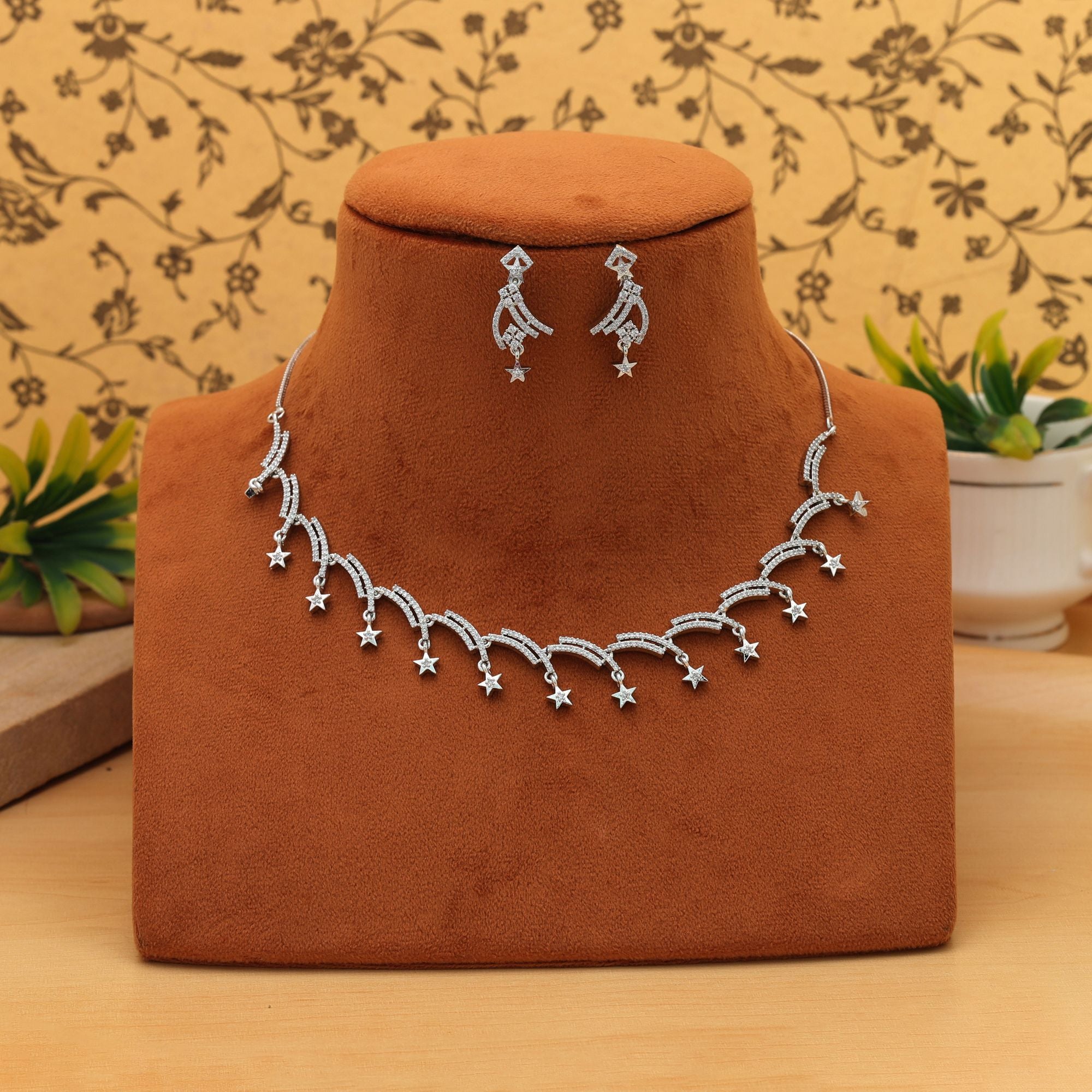 Silver Color American Diamond Necklace Set Stylish Ethnic Daily Wear Jewelry Collection Design