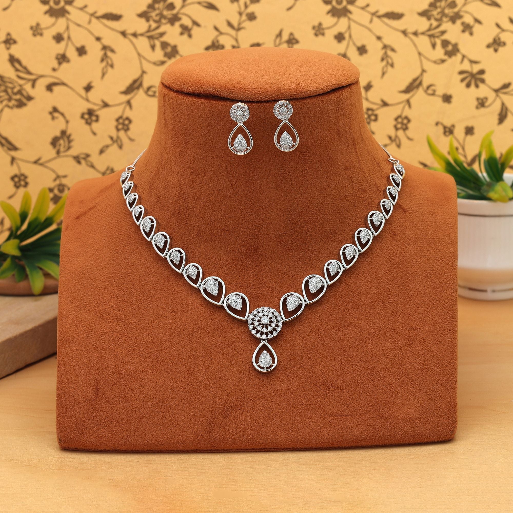 Silver Color American Diamond Necklace Set Classic Festive Traditional Statement Jewelry Design