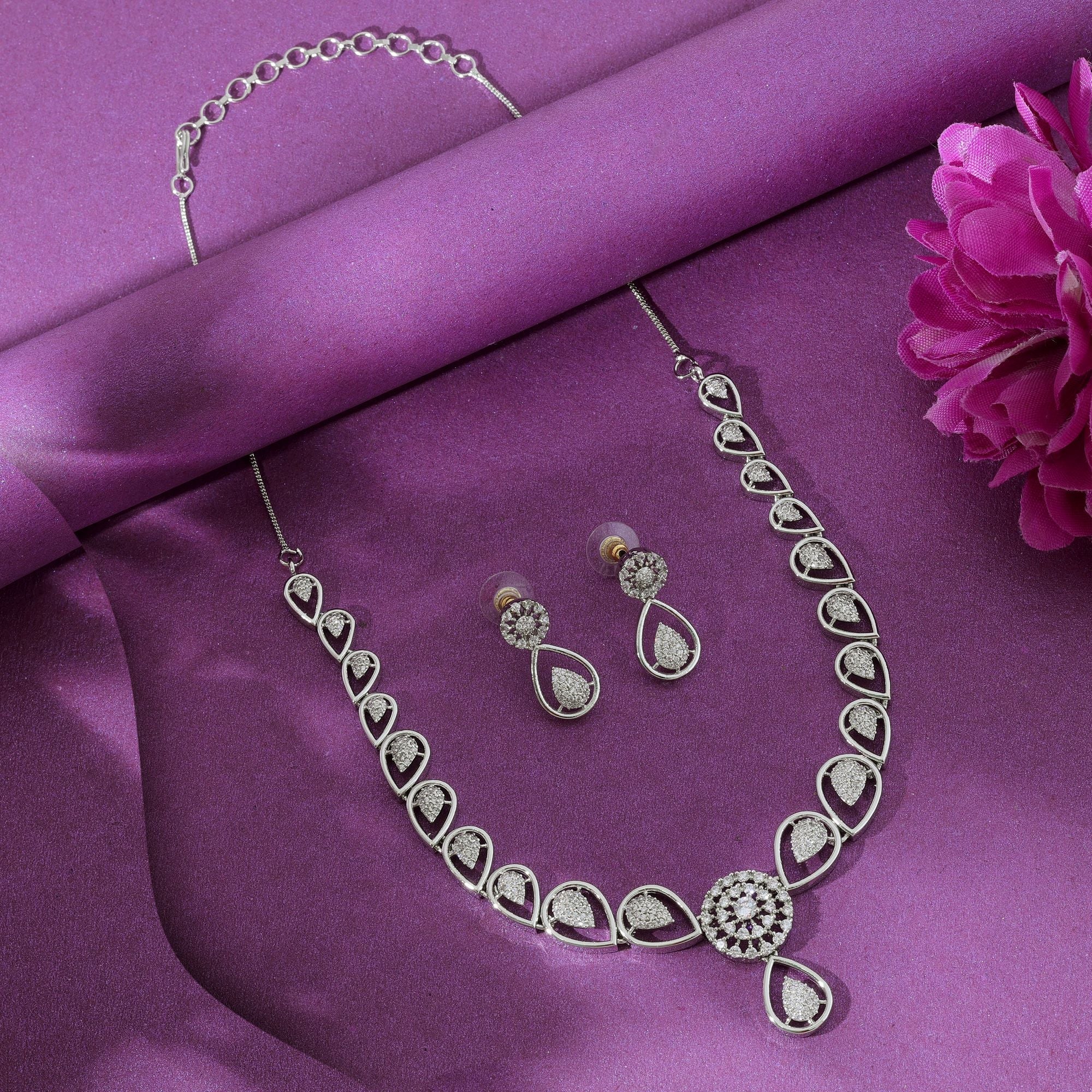 Silver Color American Diamond Necklace Set Classic Festive Traditional Statement Jewelry Design