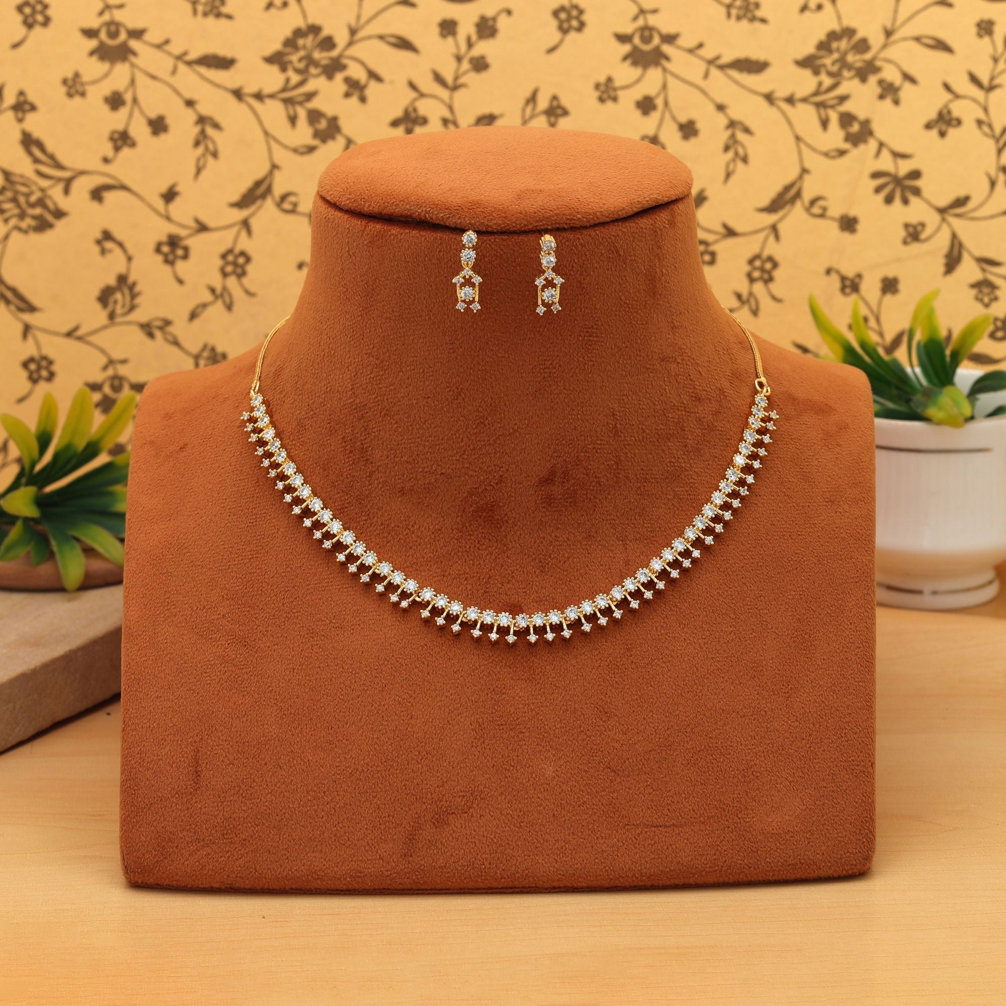Gold Color American Diamond Necklace Set Royal Bridal Traditional Statement Jewelry Design